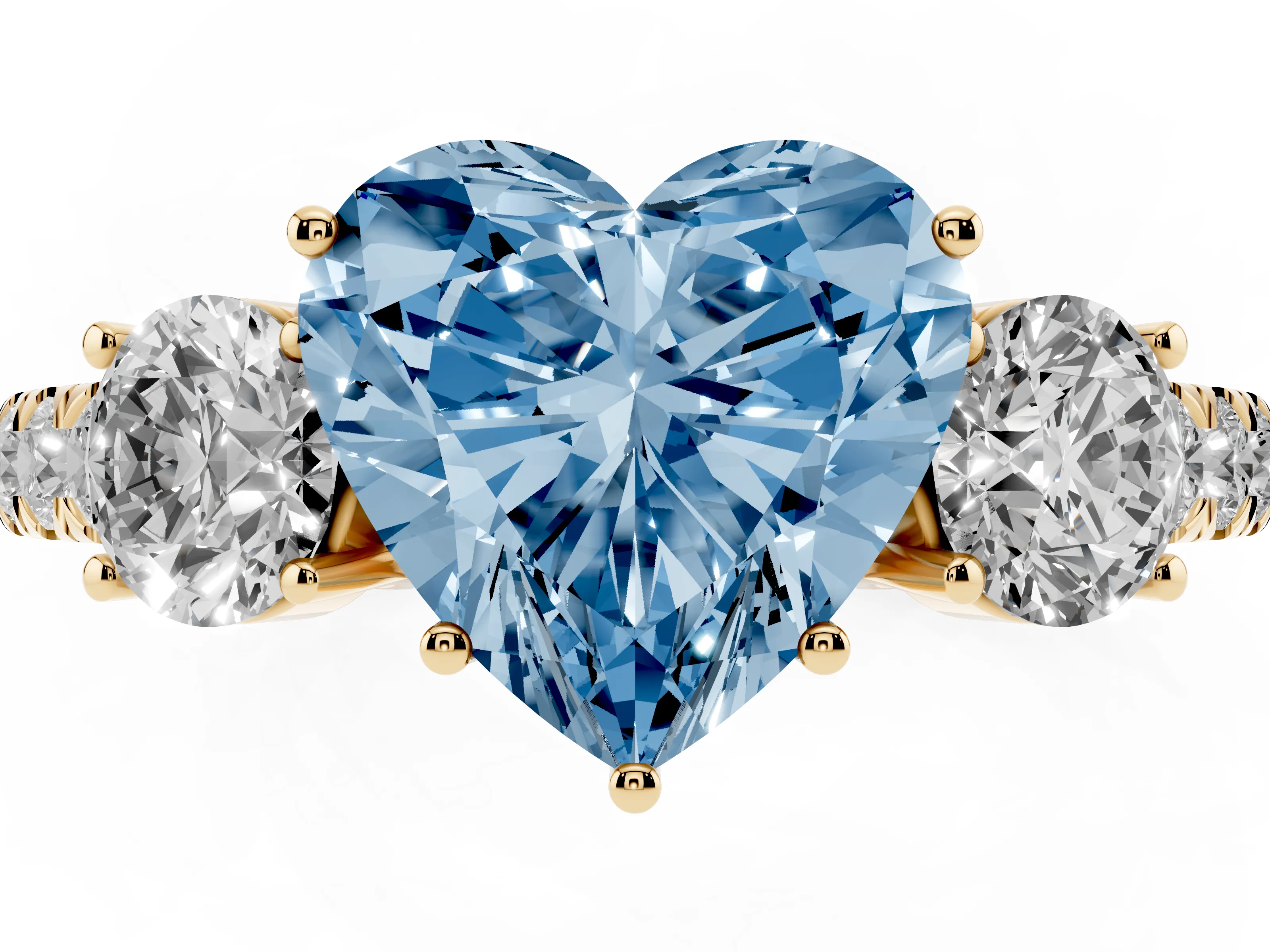 Fancy Blue Heart Cut Diamond Three-Stone Ring Set in Yellow gold with Round Side Stones and Delicate Pavé Band