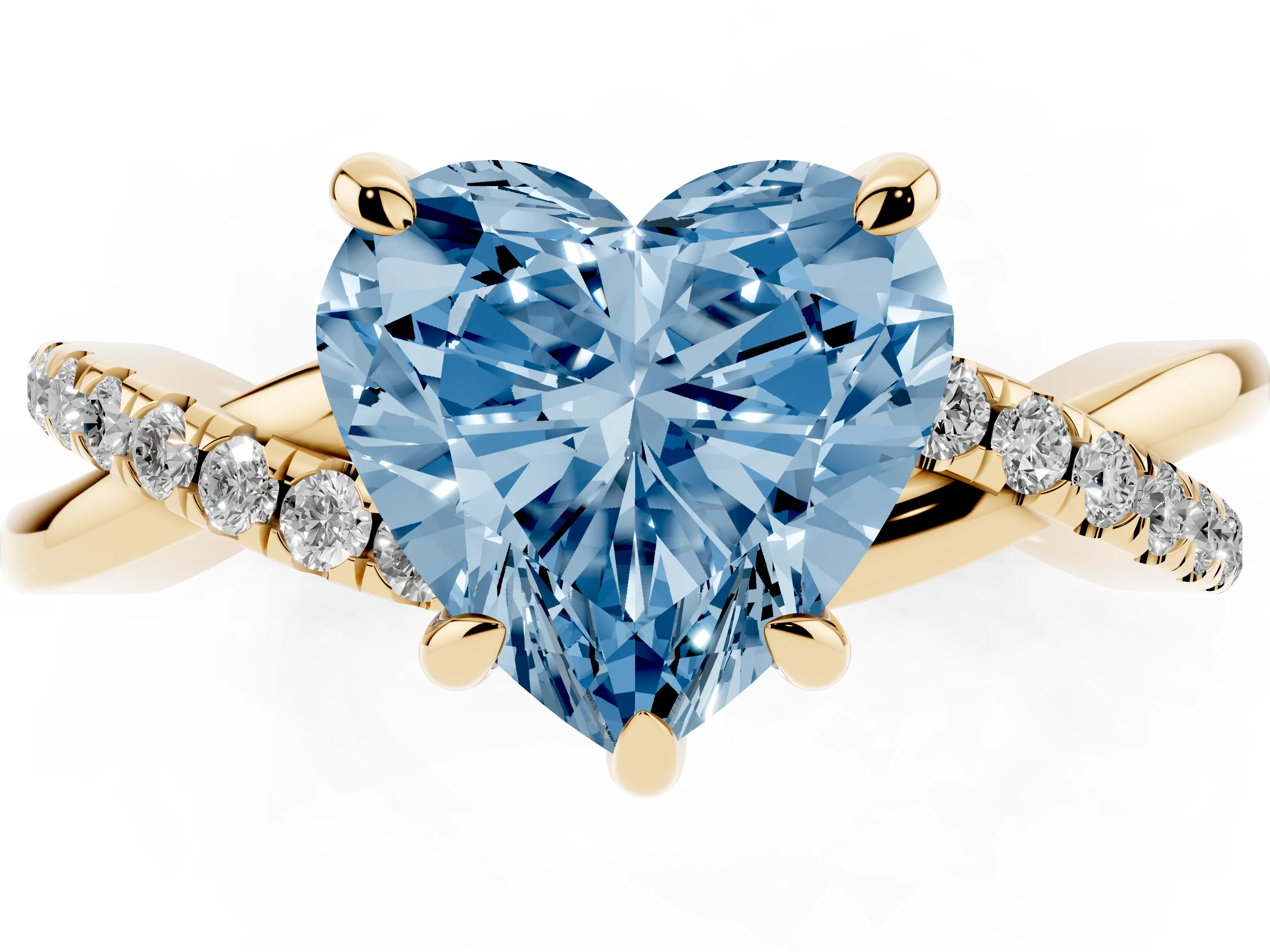 Fancy Blue Heart Cut Diamond Twist Band Solitaire Set in Yellow gold with Pavé Accents and Prong Setting