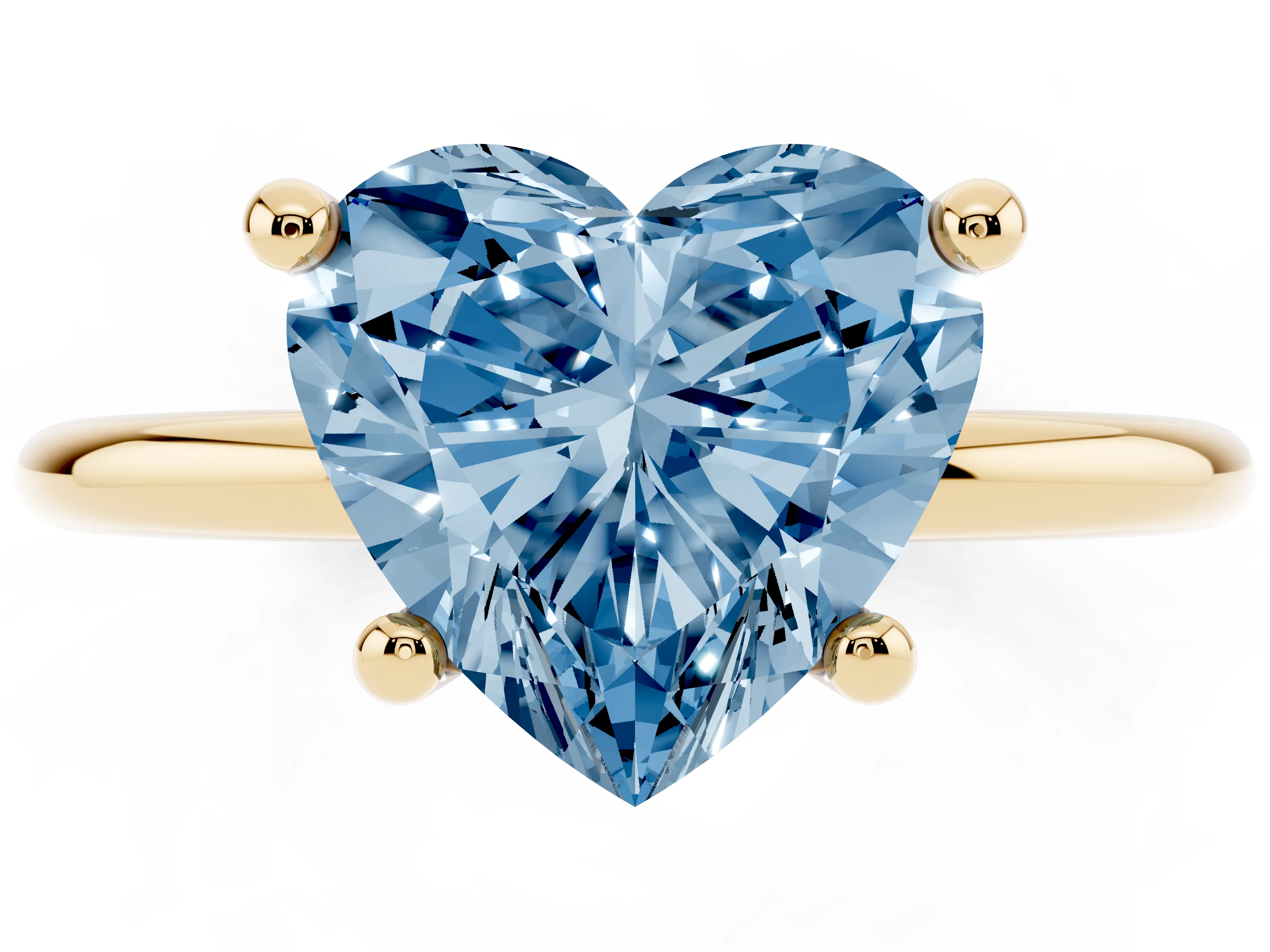 Fancy Blue Heart Cut Diamond Solitaire Ring Set in Yellow gold with Secure Prong Setting on a Classic Band