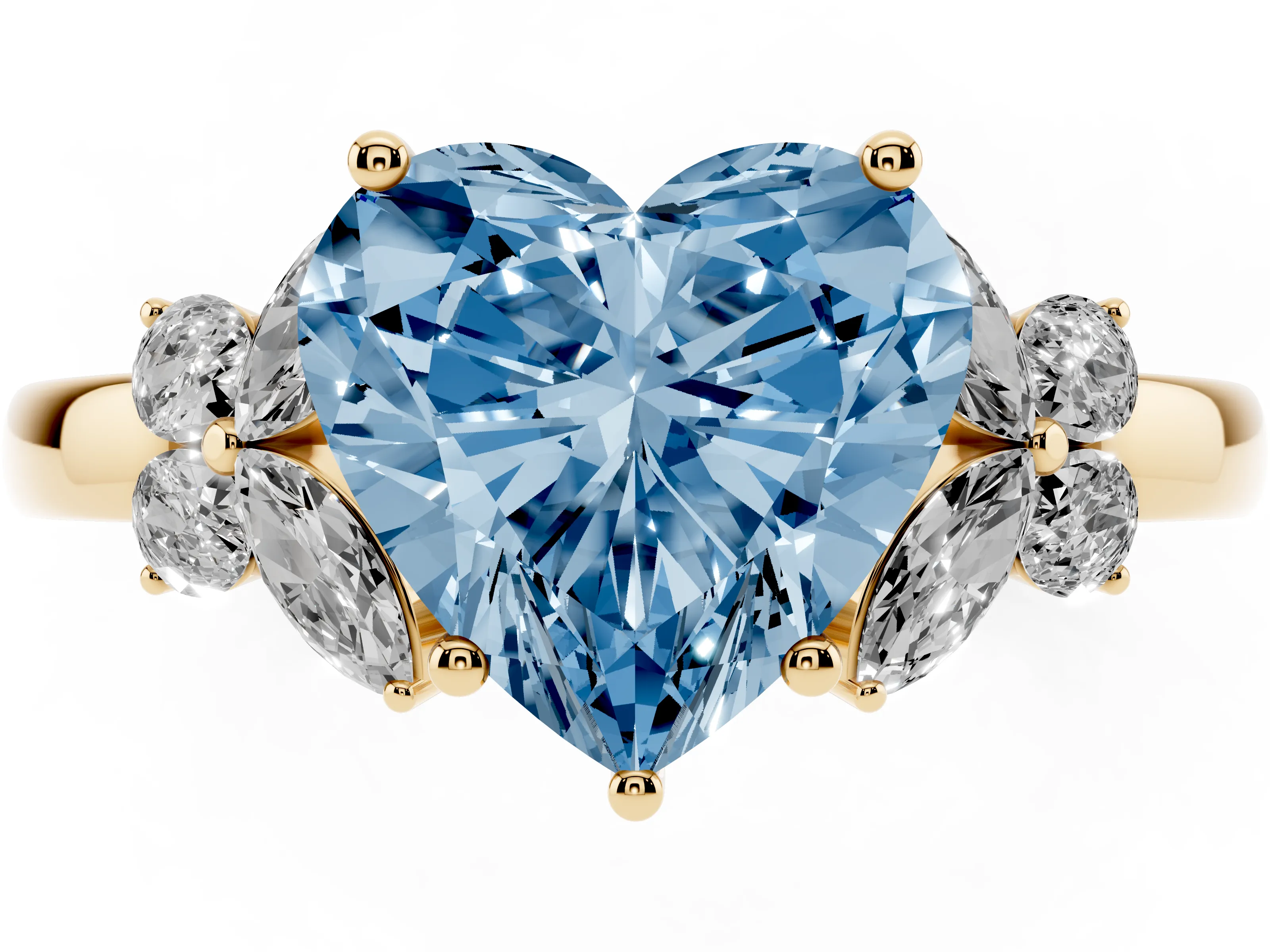 Fancy Blue Heart Cut Diamond Solitaire Floral Ring Set in Yellow gold with Marquise Petals and Prong Setting