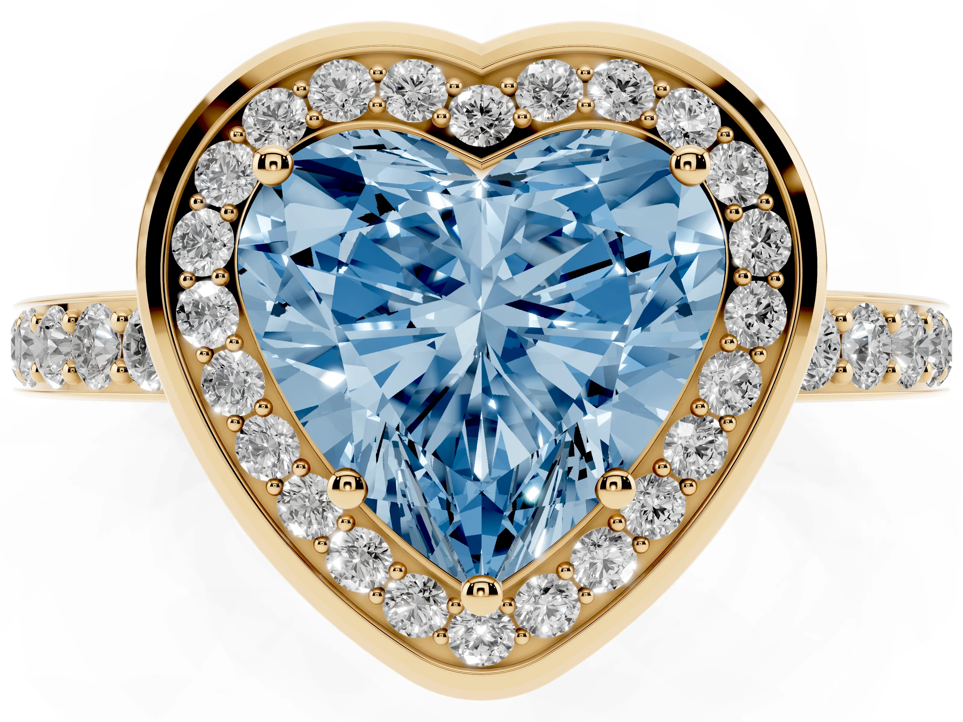 Fancy Blue Heart Cut Diamond Halo Ring Set in Yellow gold with Bezel Frame and Pavé Band