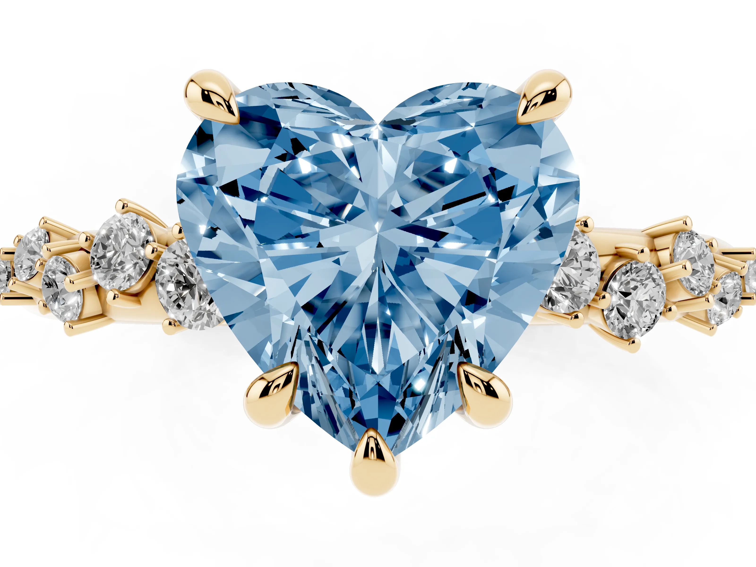 Fancy Blue Heart Cut Diamond Solitaire Vine Band Ring Set in Yellow gold with Round Accents and Prong Setting