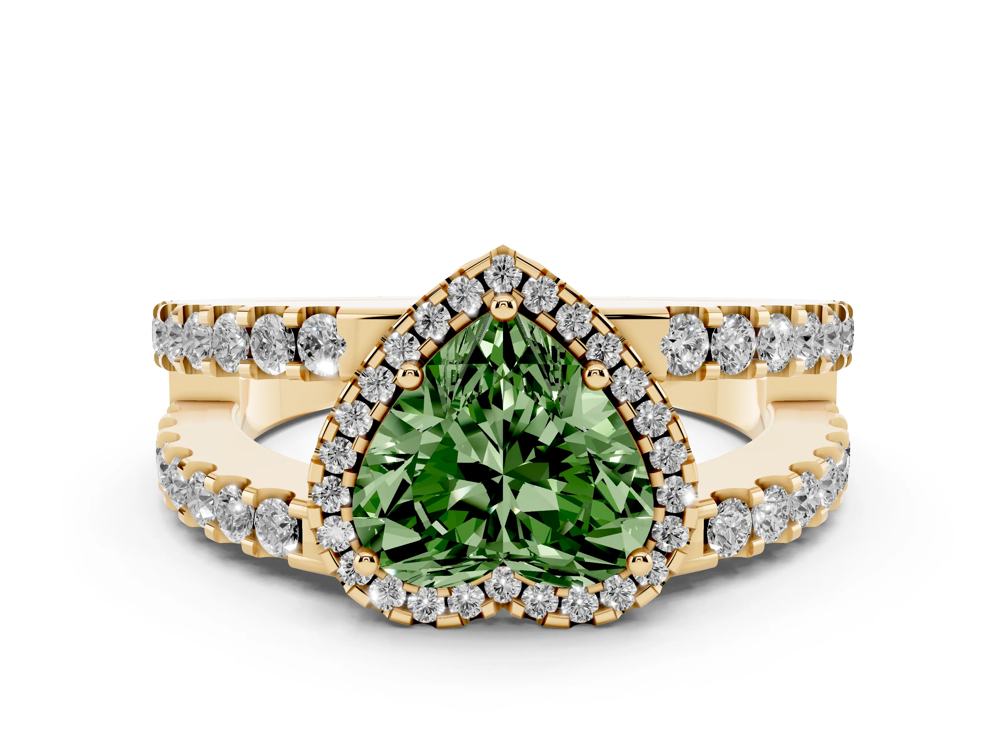 Fancy Green Heart Cut Diamond Halo Ring Set in Yellow gold with Pavé Split Shank and Prong Setting
