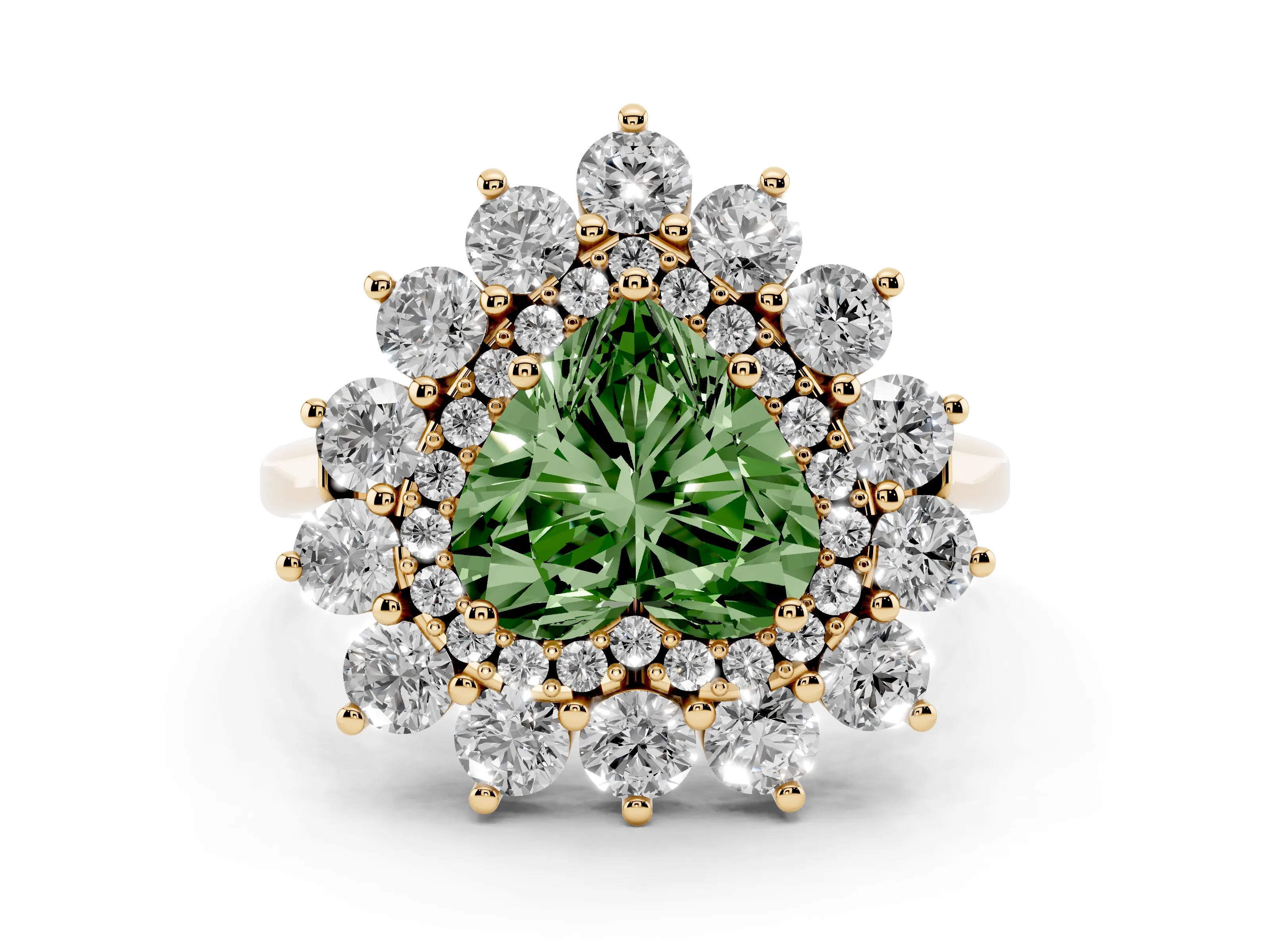 Fancy Green Heart Cut Diamond Floral Double Halo Ring Set in Yellow gold with Round Petals