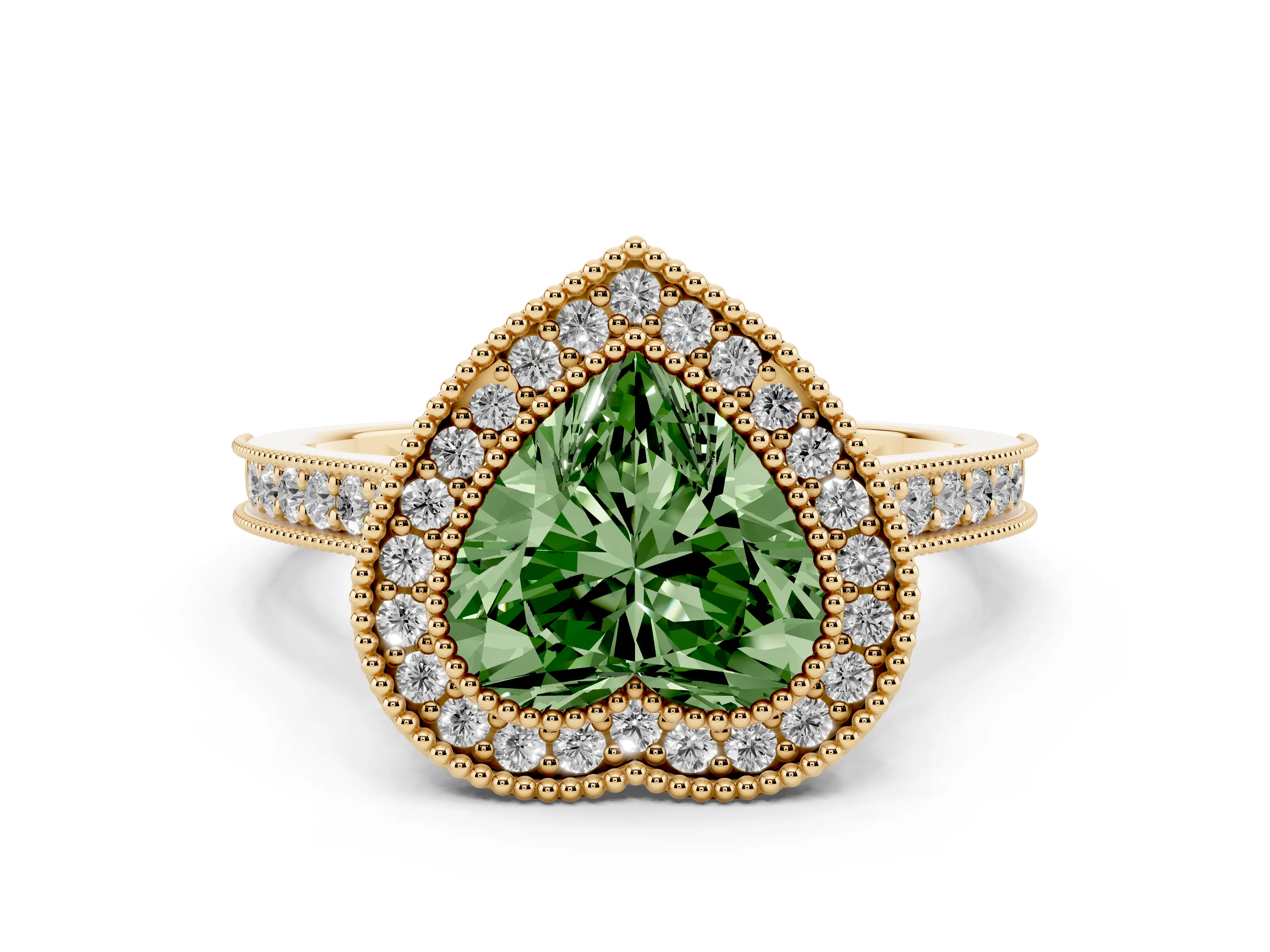 Fancy Green Heart Cut Diamond Halo Milgrain Pavé Band Ring Set in Yellow gold with Prong Setting