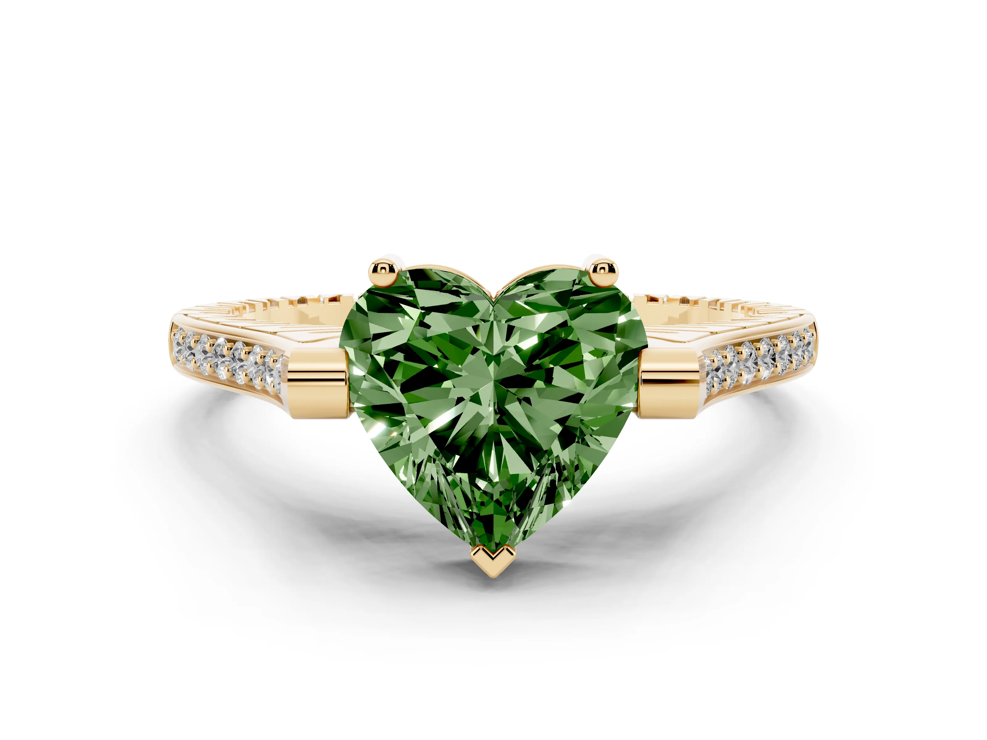 Fancy Green Heart Cut Diamond Solitaire Ring Set in Yellow gold with Channel Set Band and Bezel Prong Setting
