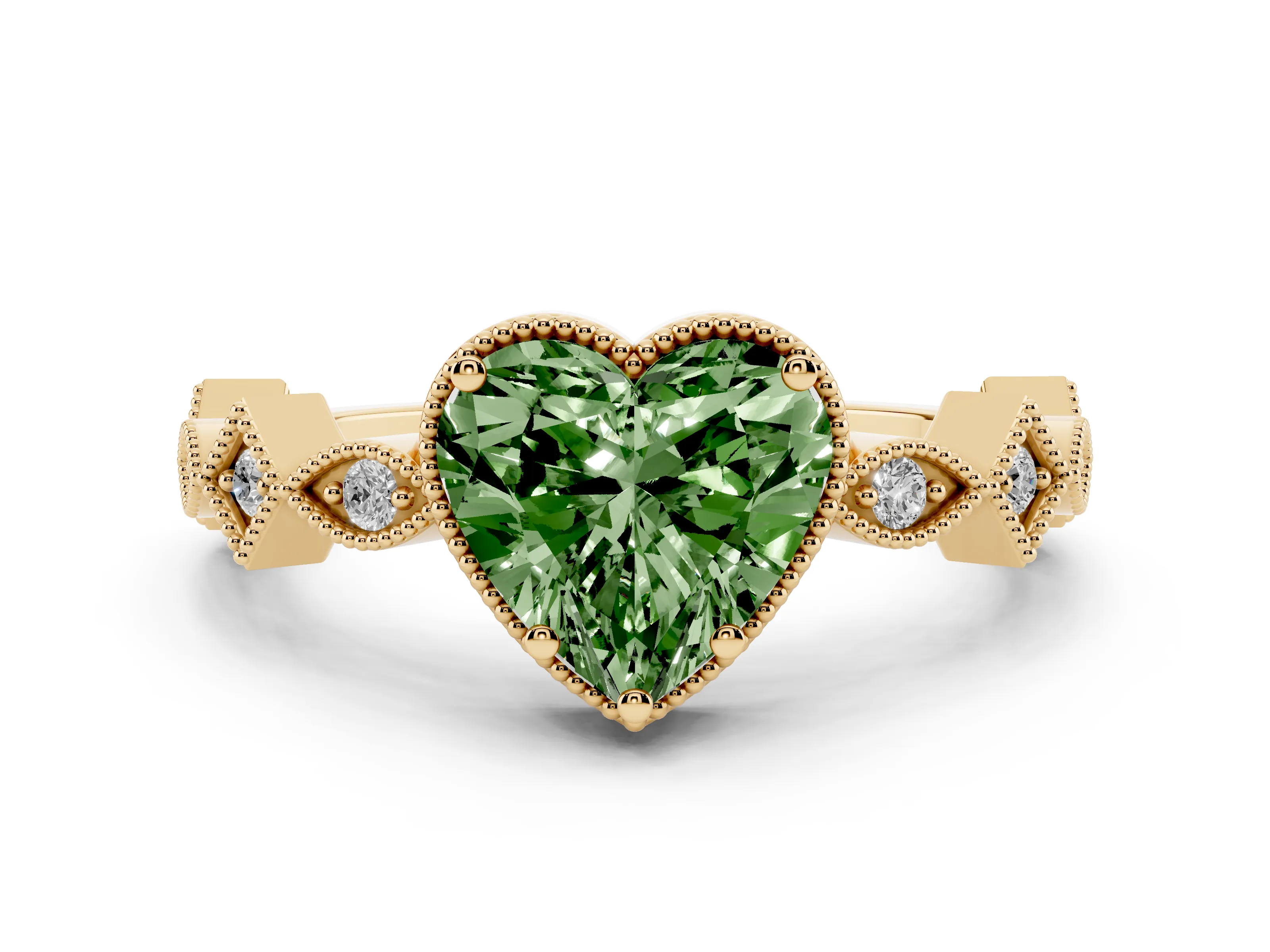 Fancy Green Heart Cut Diamond Milgrain Marquise Twist Band Ring Set in Yellow gold with Prong Setting
