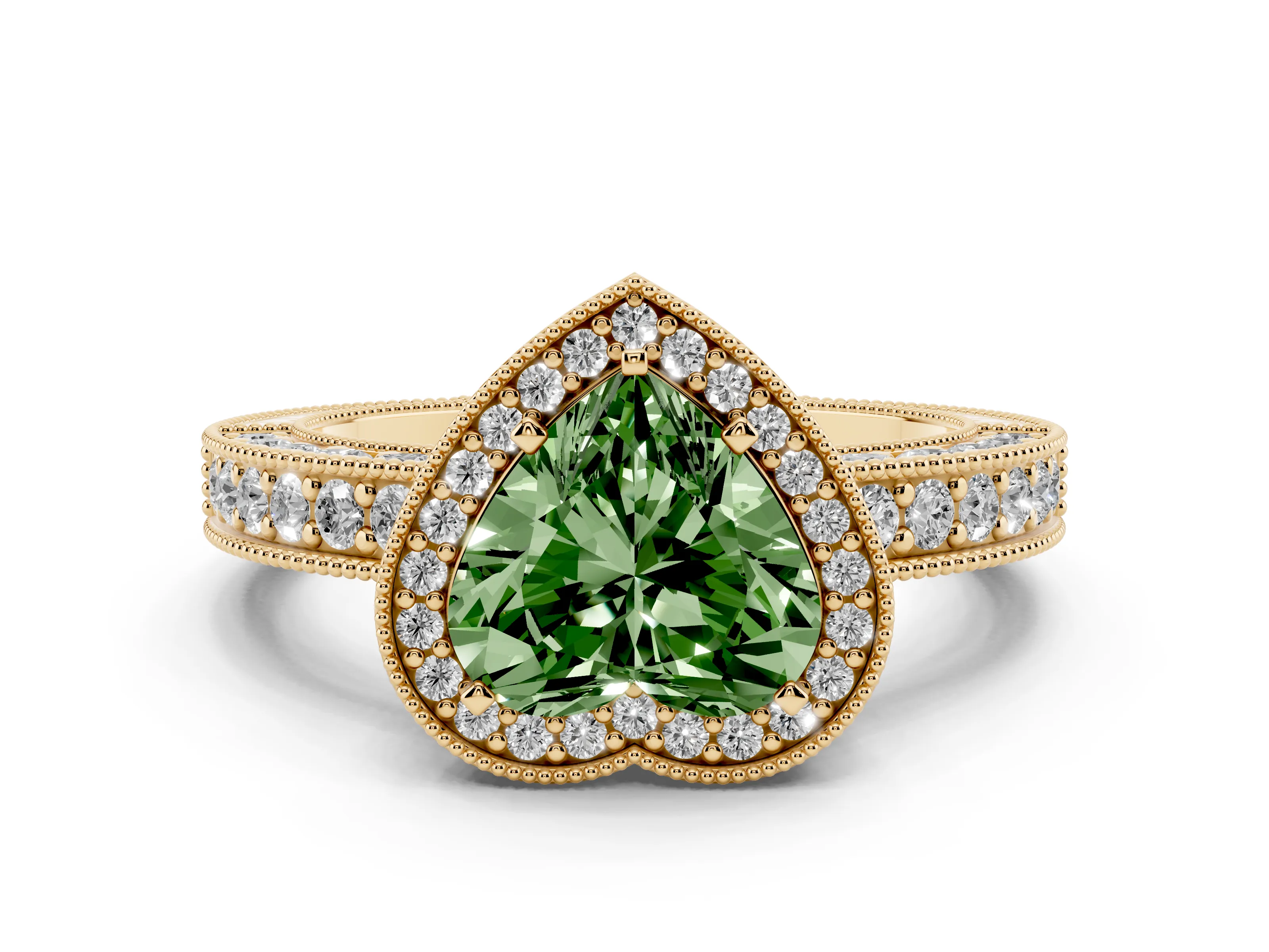 Fancy Green Heart Cut Diamond Halo Pavé Band Ring Set in Yellow gold with Prong-Set Center