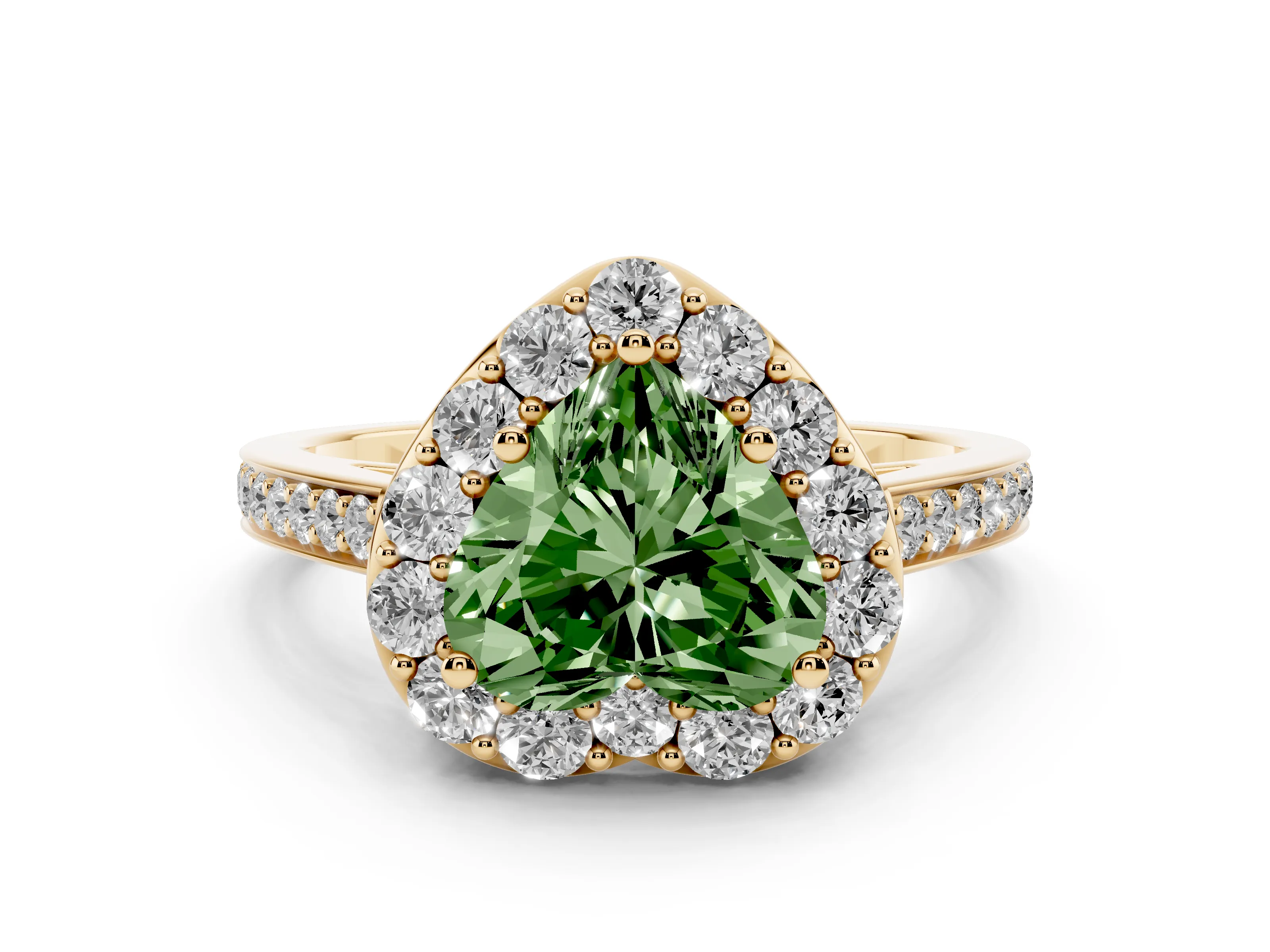 Fancy Green Heart Cut Diamond Floral Halo Ring Set in Yellow gold with Pavé Band and Prong Setting