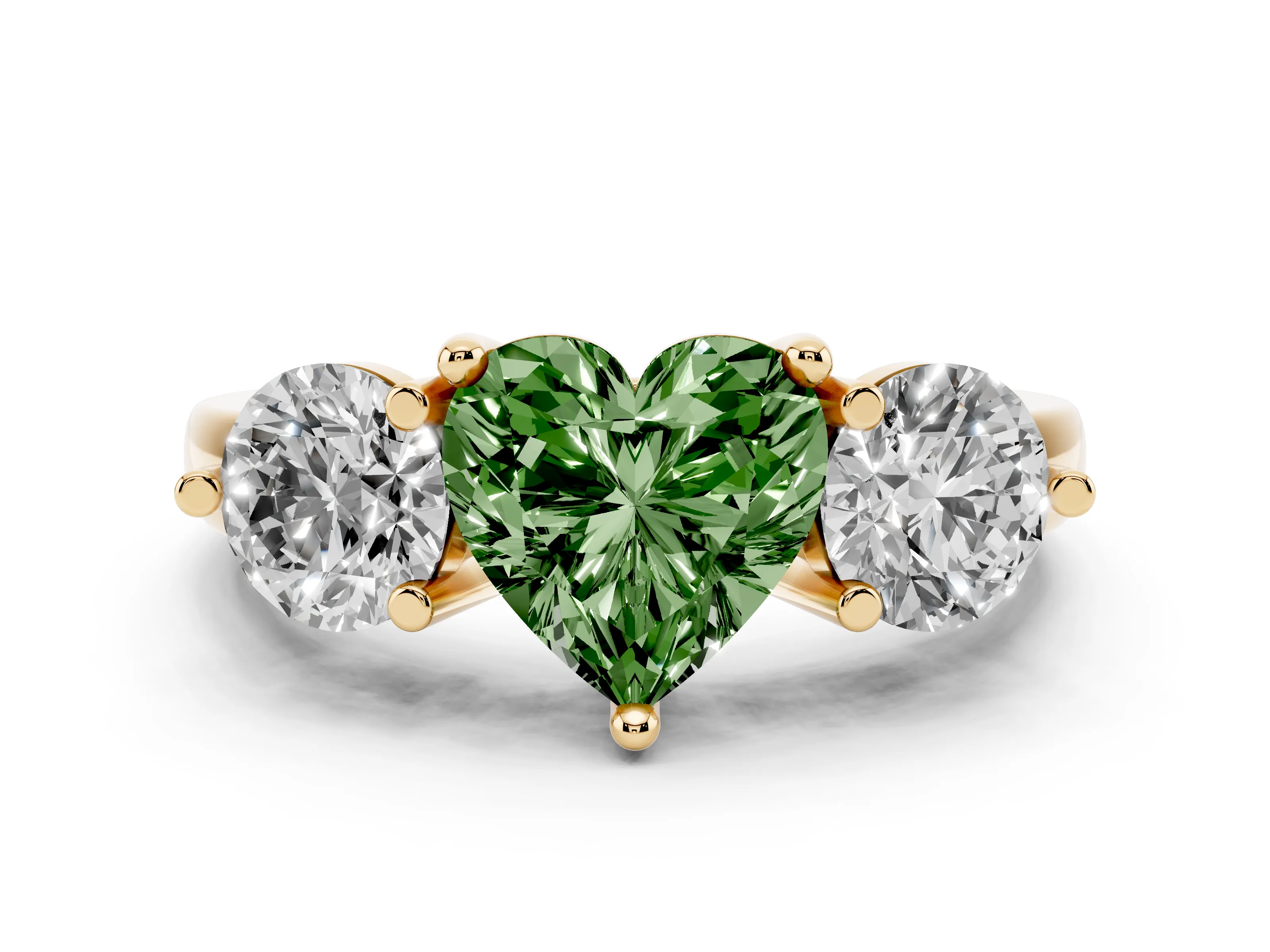 Fancy Green Heart Cut Diamond Three-Stone Ring Set in Yellow gold with Prong Setting and Classic Band