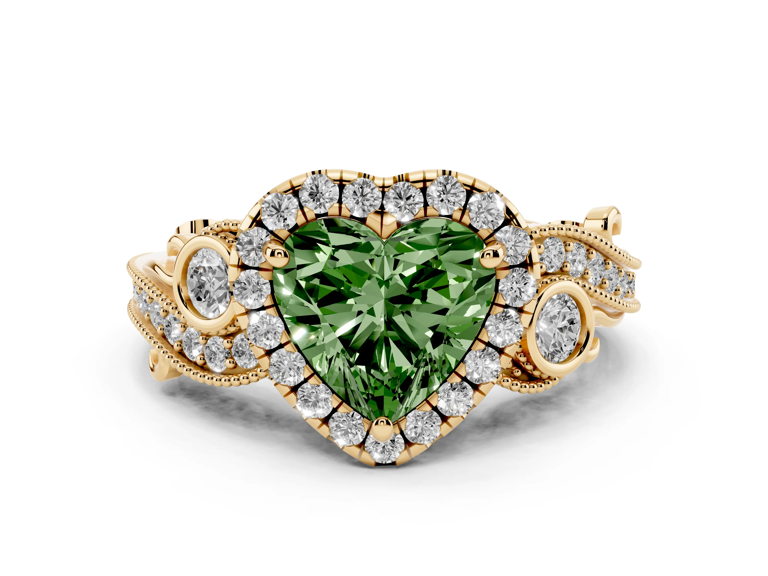 Fancy Green Heart Cut Diamond Halo Ring Set in Yellow gold with Milgrain Pavé Band and Prong Setting