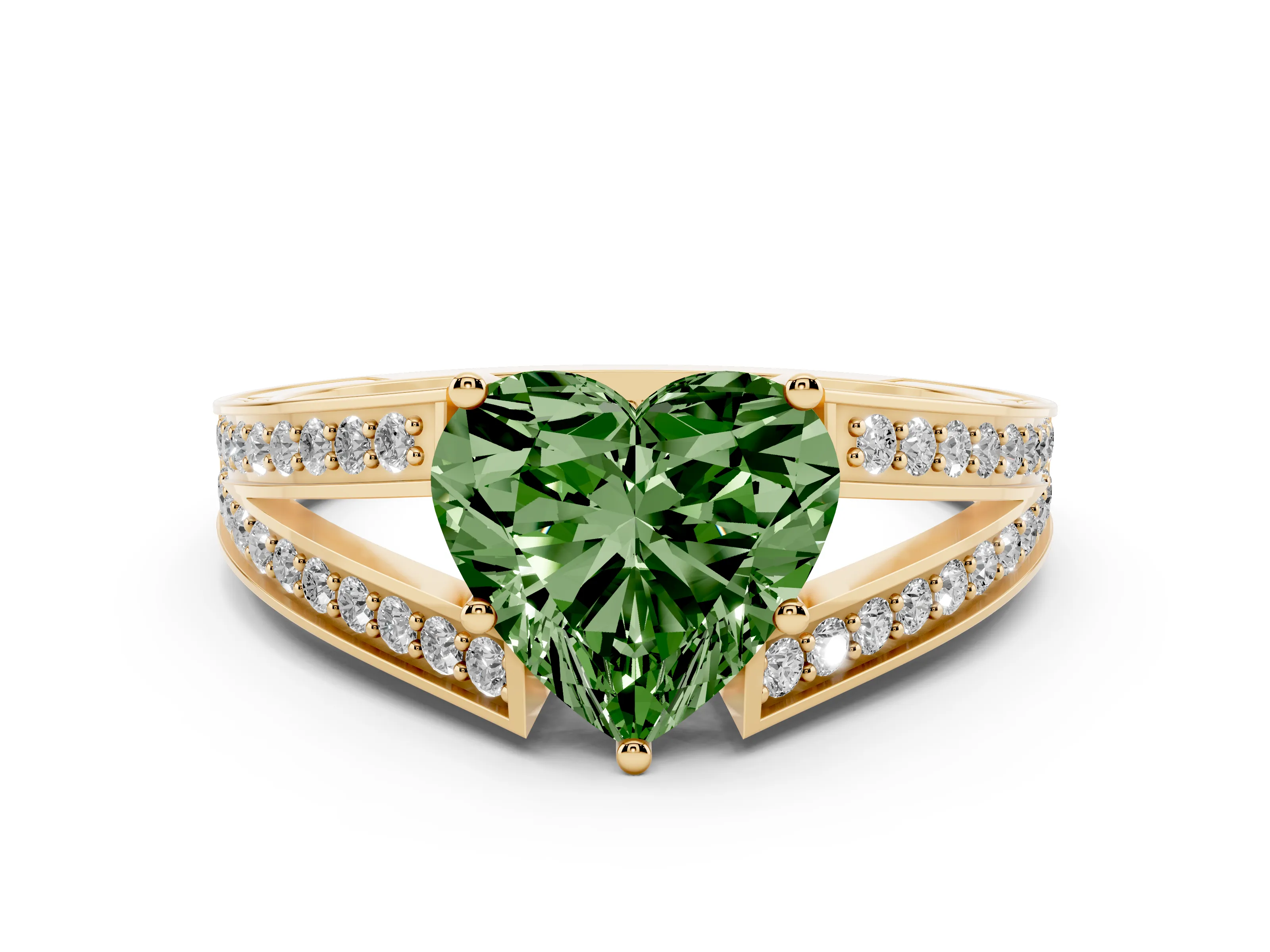Fancy Green Heart Cut Diamond Split Shank Ring Set in Yellow gold with Pavé Band and Prong Setting