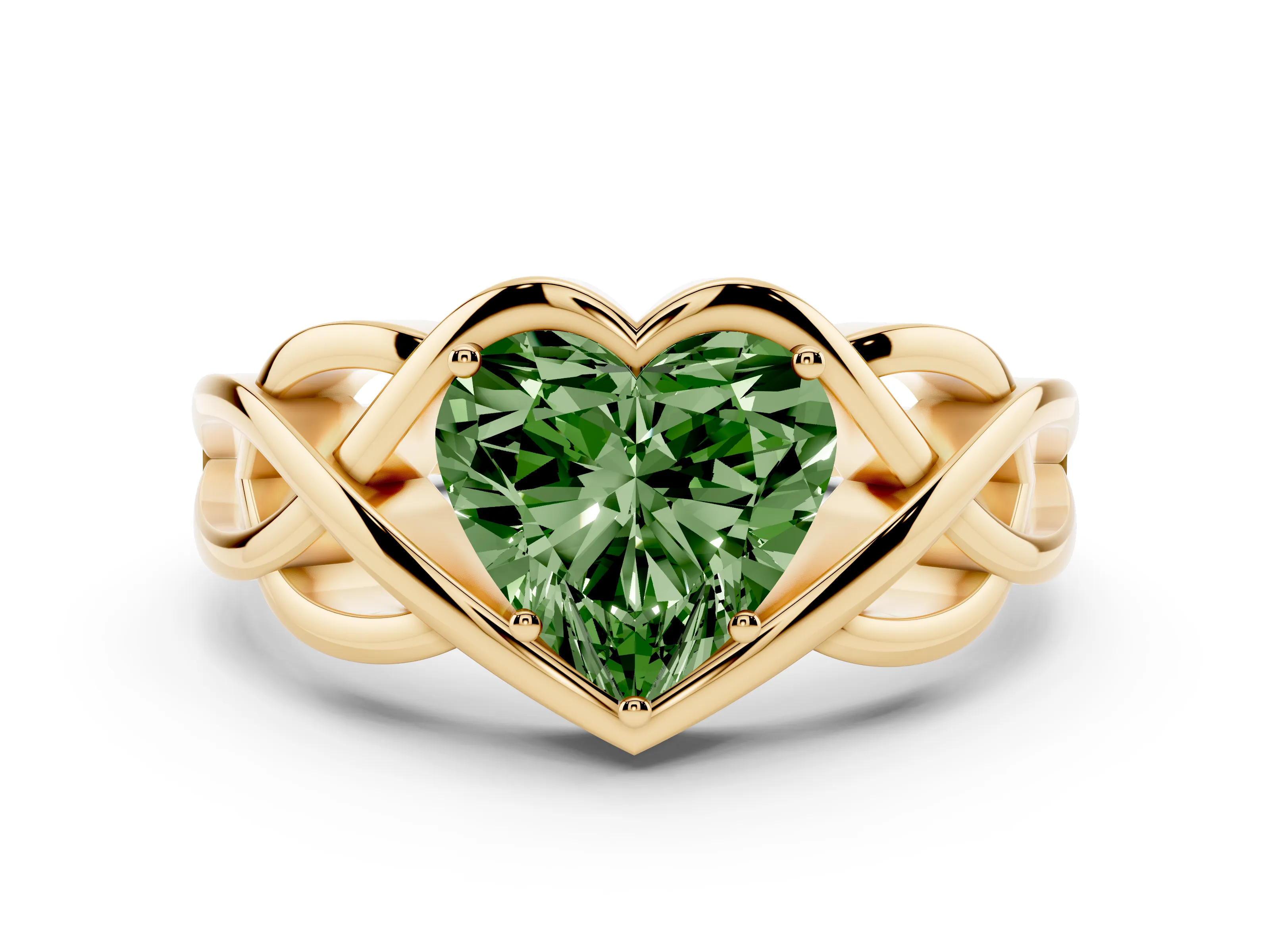 Fancy Green Heart Cut Diamond Solitaire Ring Set in Yellow gold with Intertwined Band