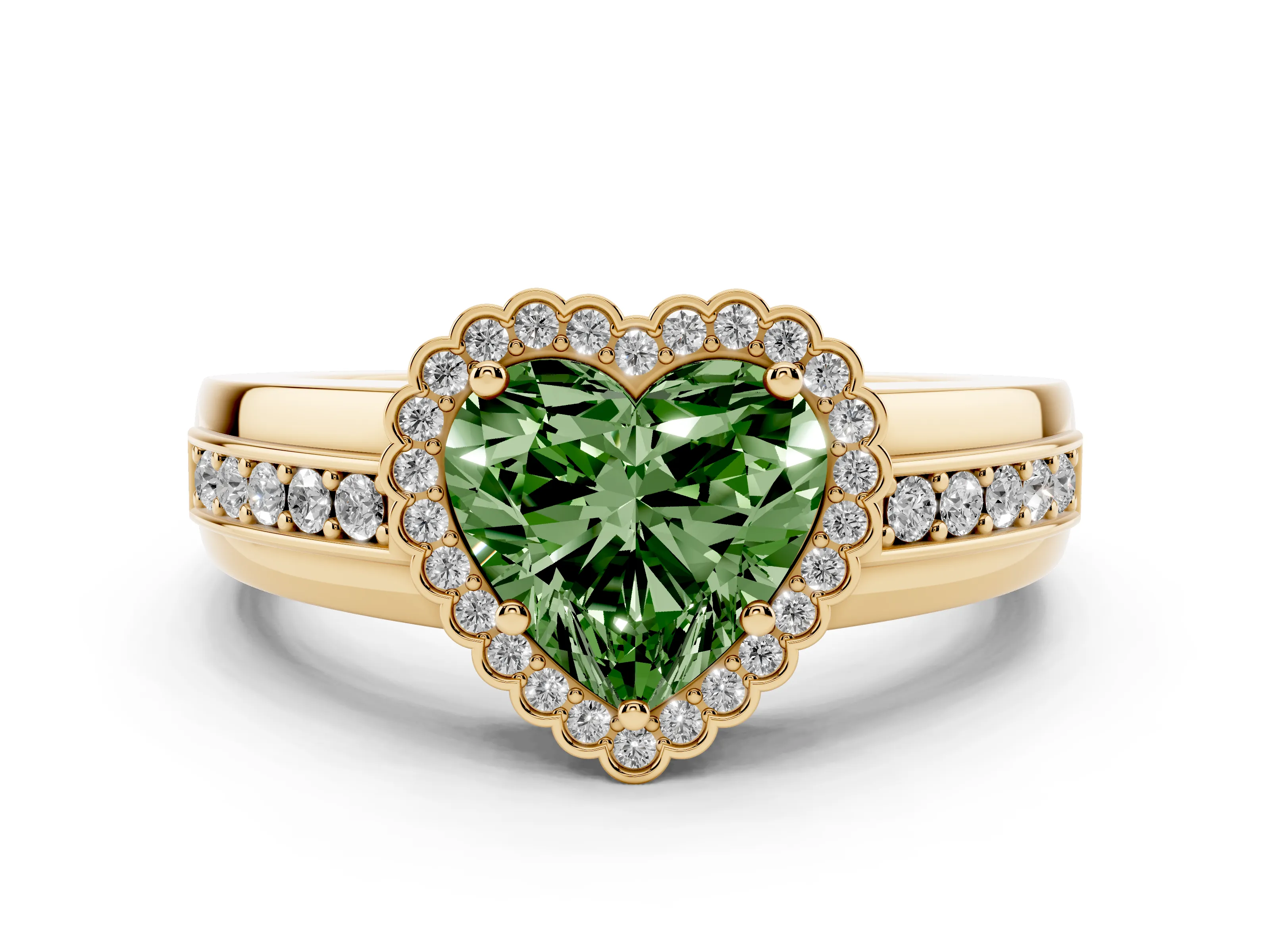 Fancy Green Heart Cut Diamond Halo Prong Ring Set in Yellow gold with Pavé Band