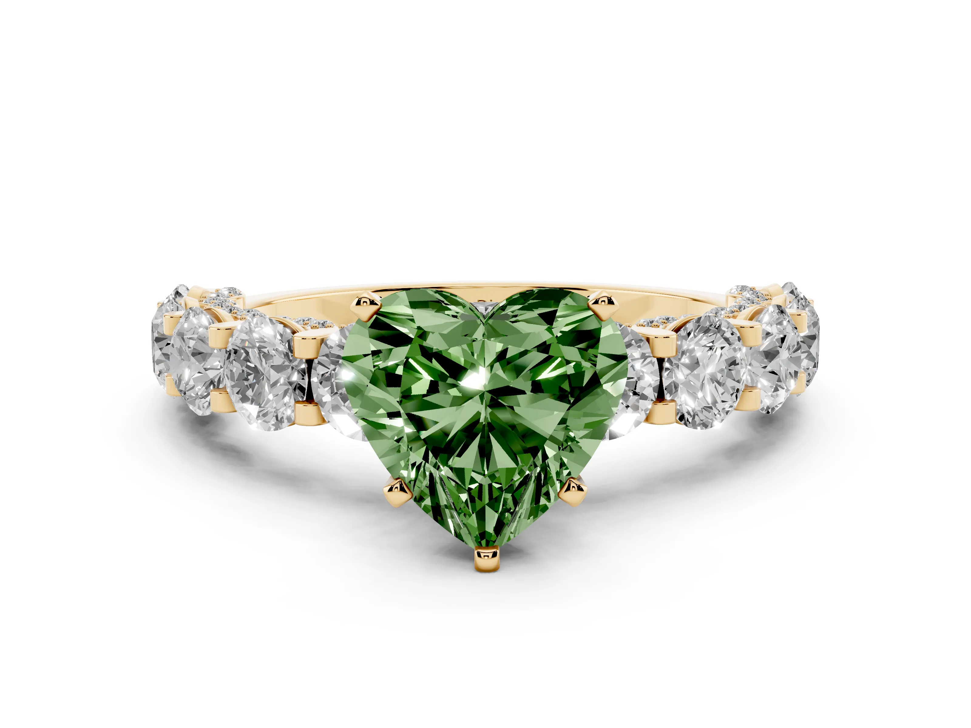 Fancy Green Heart Cut Diamond Side Stone Ring Set in Yellow gold with Alternating Round and Oval Side Stones