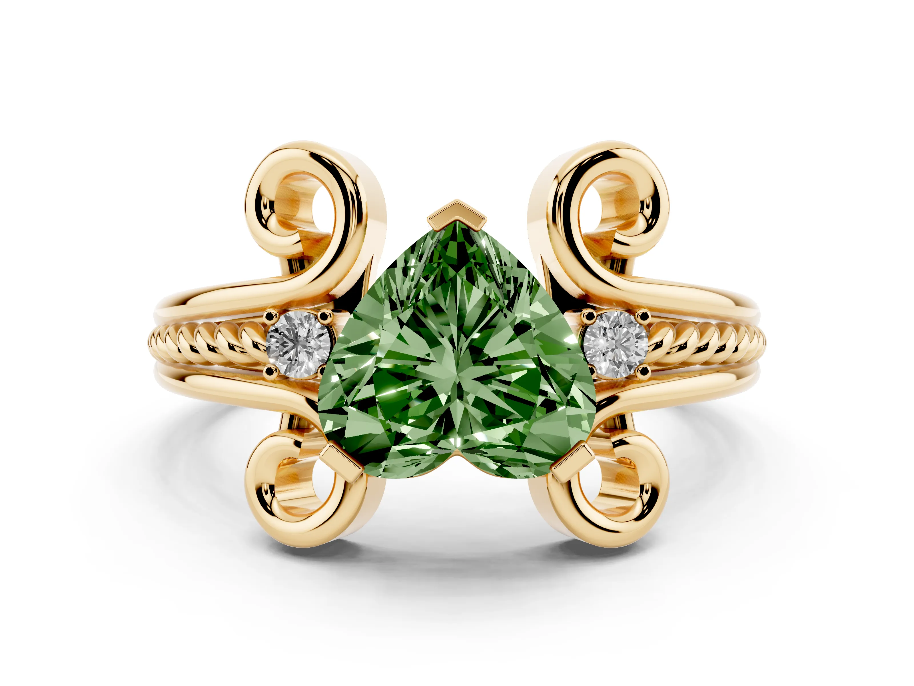 Fancy Green Heart Cut Diamond Twisted Band Solitaire Ring Set in Yellow gold with Scroll Prongs