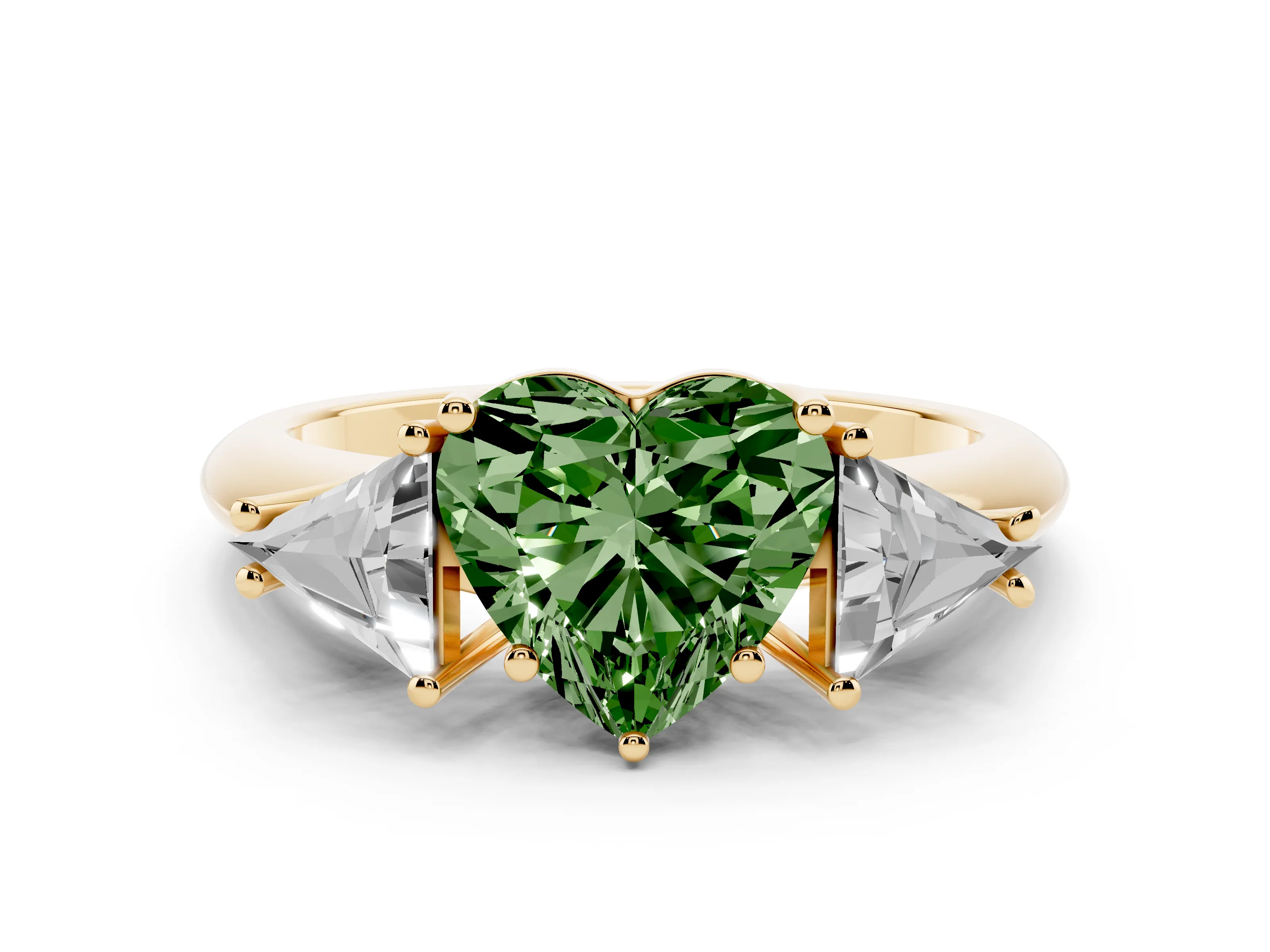 Fancy Green Heart Cut Diamond Three-Stone Engagement Ring Set in Yellow gold with Trillion Side Stones