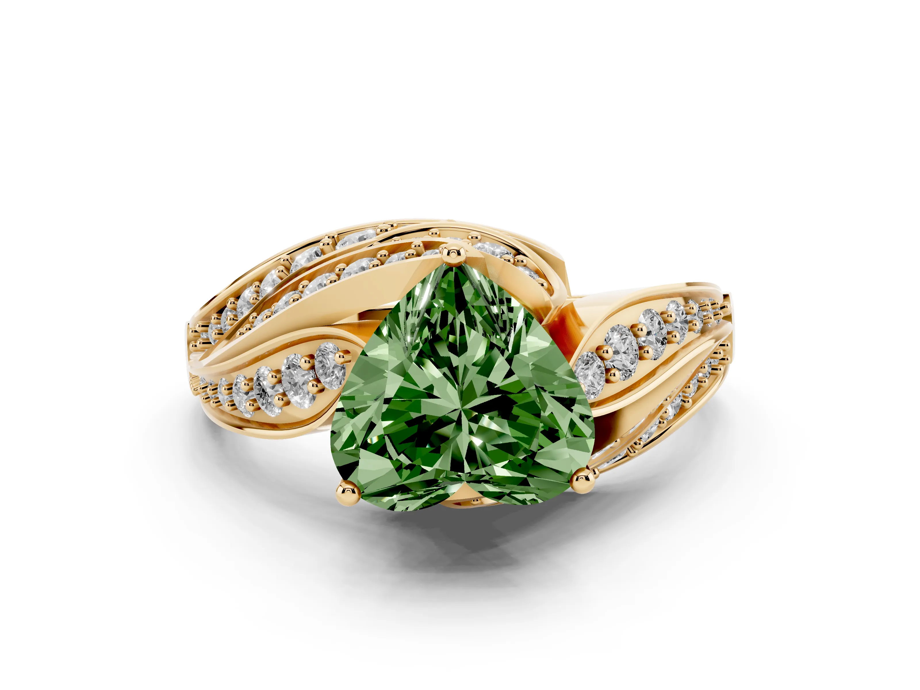 Fancy Green Heart Cut Diamond Solitaire Ring Set in Yellow gold with Layered Twist Pavé Band