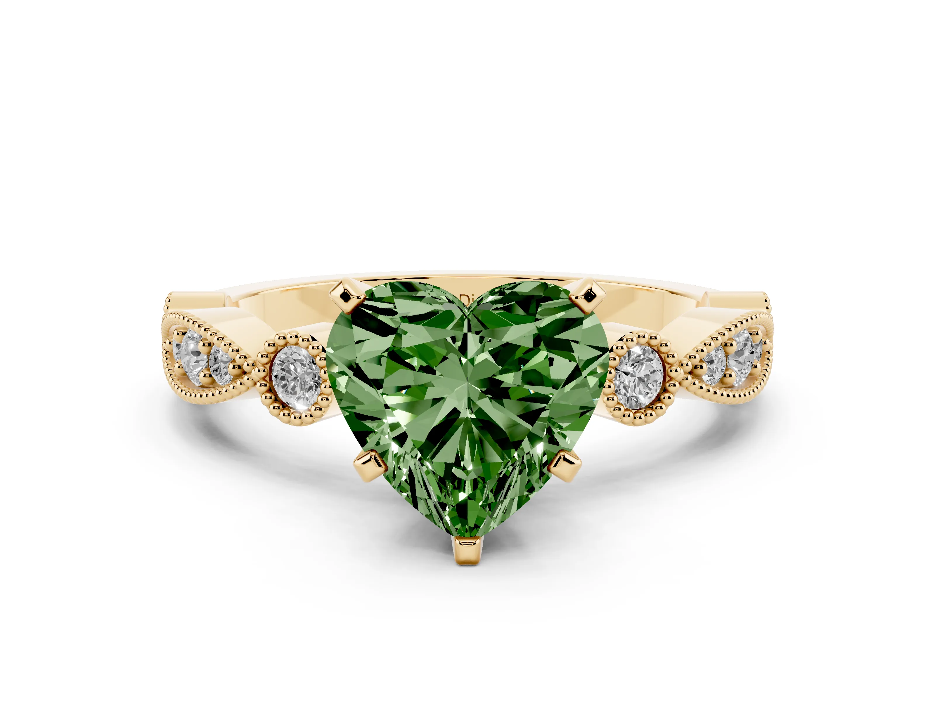 Fancy Green Heart Cut Diamond Solitaire Engagement Ring Set in Yellow gold with Milgrain Bezel Accent Band
