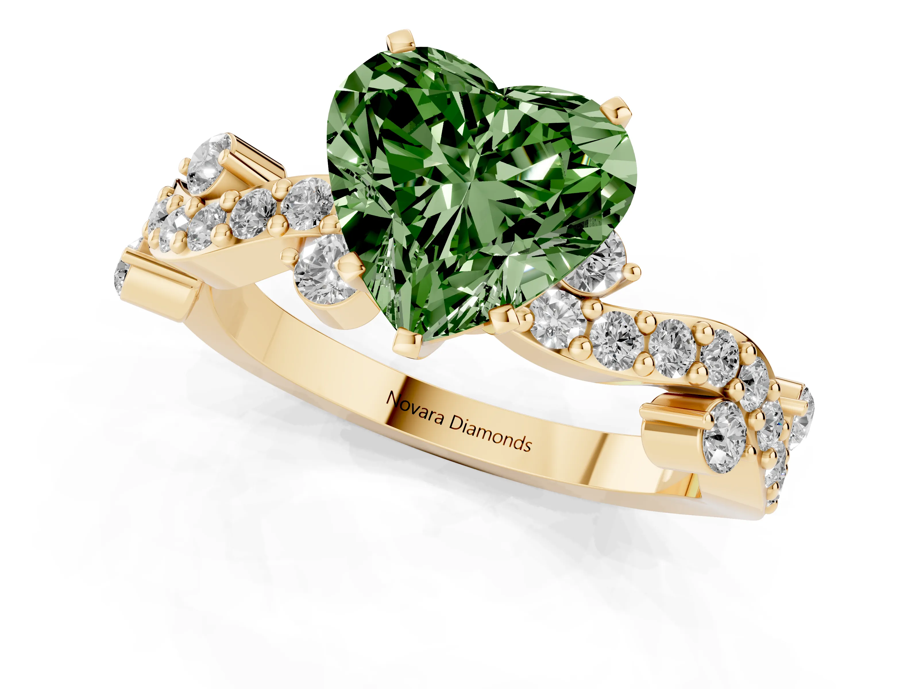 Fancy Green Heart Cut Diamond Solitaire Twisted Band Set in Yellow gold with Pavé Setting