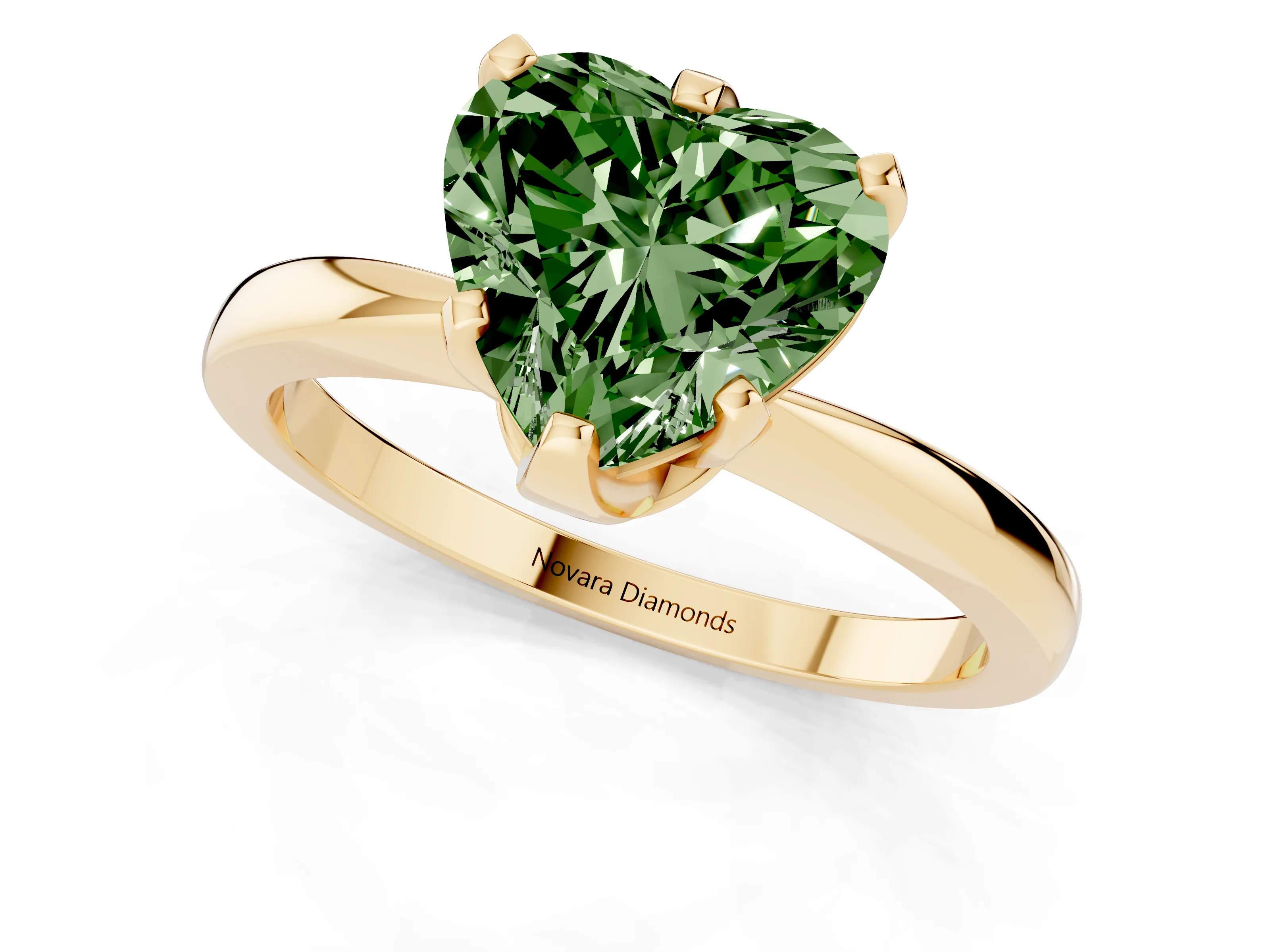 Fancy Green Heart Cut Diamond Solitaire Engagement Ring Set in Yellow gold with Slim Tapered Solitaire Band