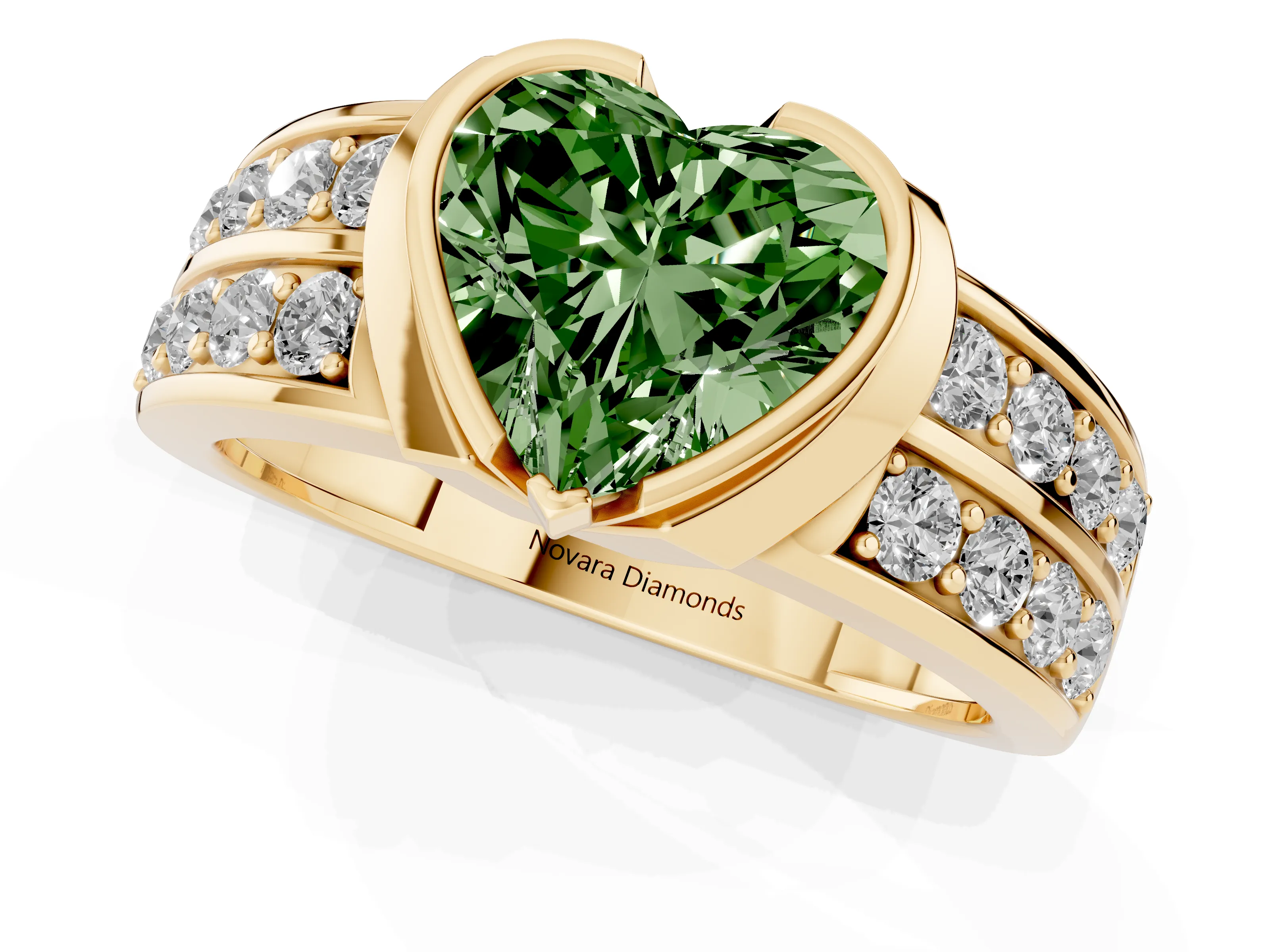 Fancy Green Heart Cut Diamond Wide Channel Set Band Ring Set in Yellow gold with Bezel Setting