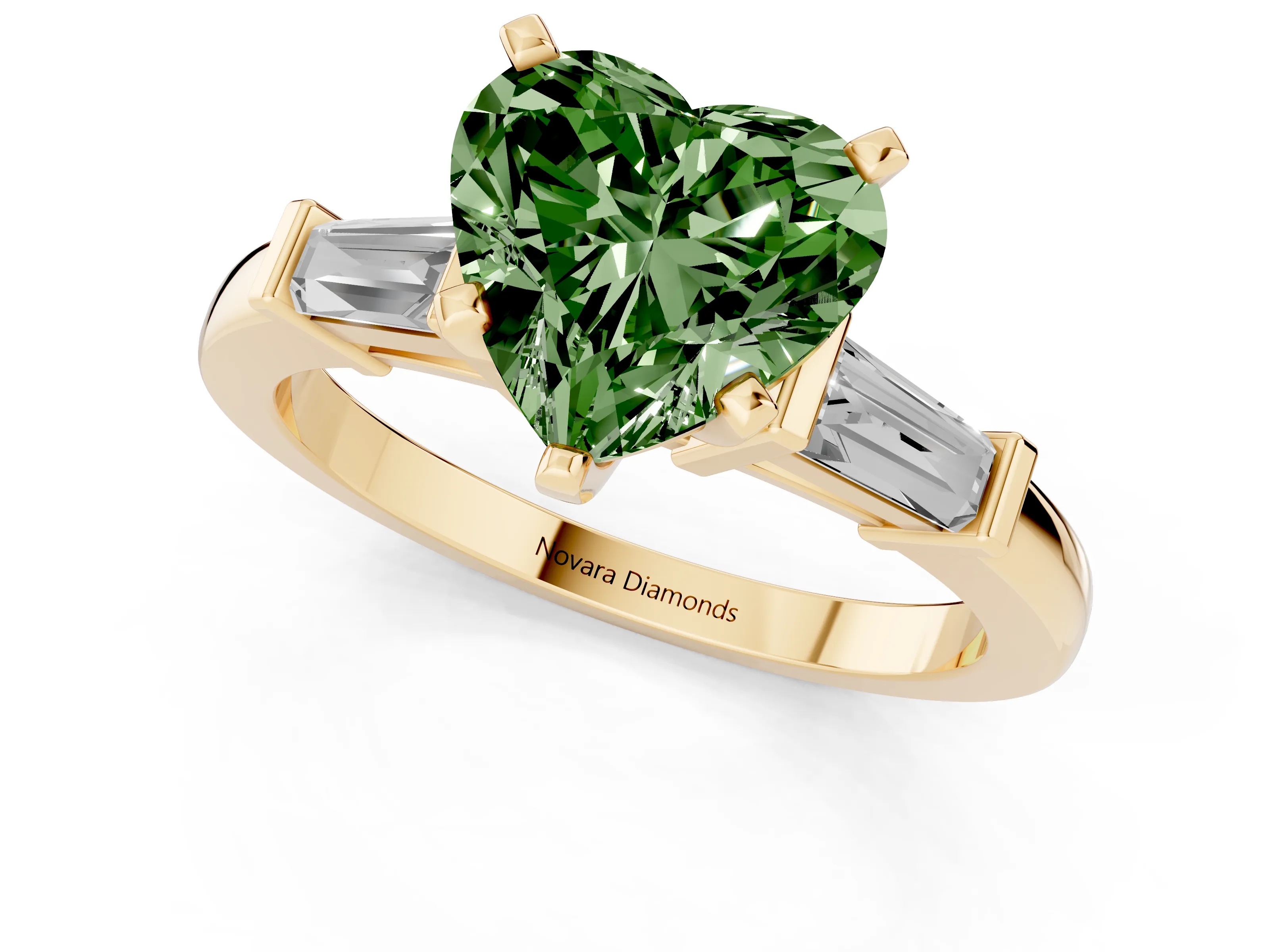 Fancy Green Heart Cut Diamond Solitaire Ring Set in Yellow gold with Tapered Baguette Accents and Prong Setting