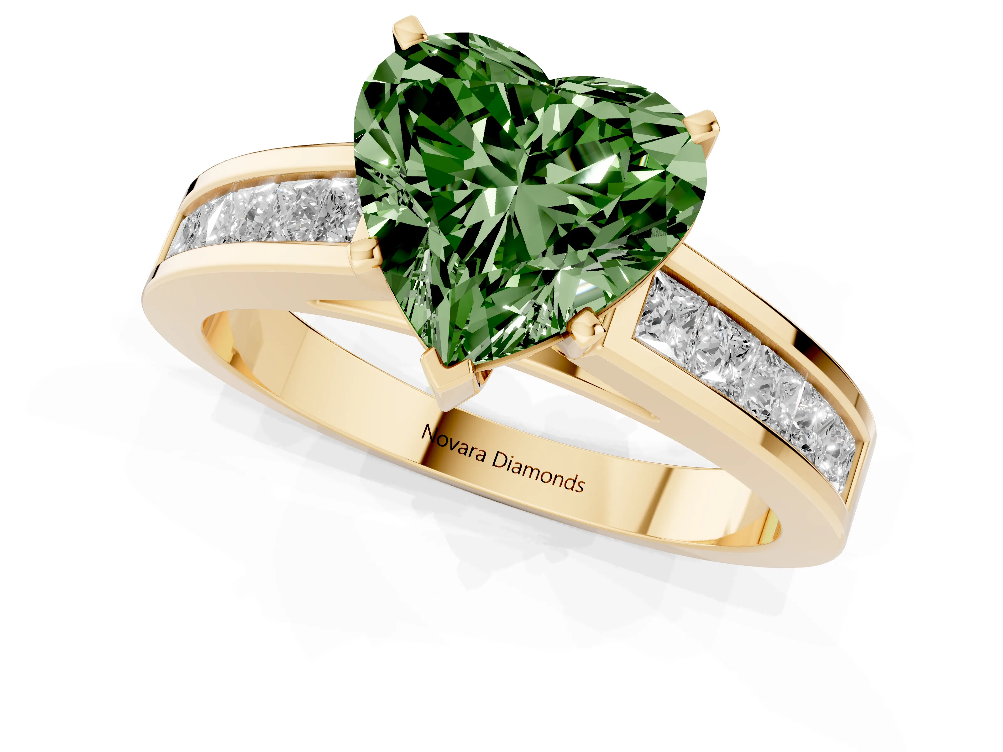 Fancy Green Heart Cut Diamond Solitaire Ring Set in Yellow gold with Channel-Set Band and Prong Setting