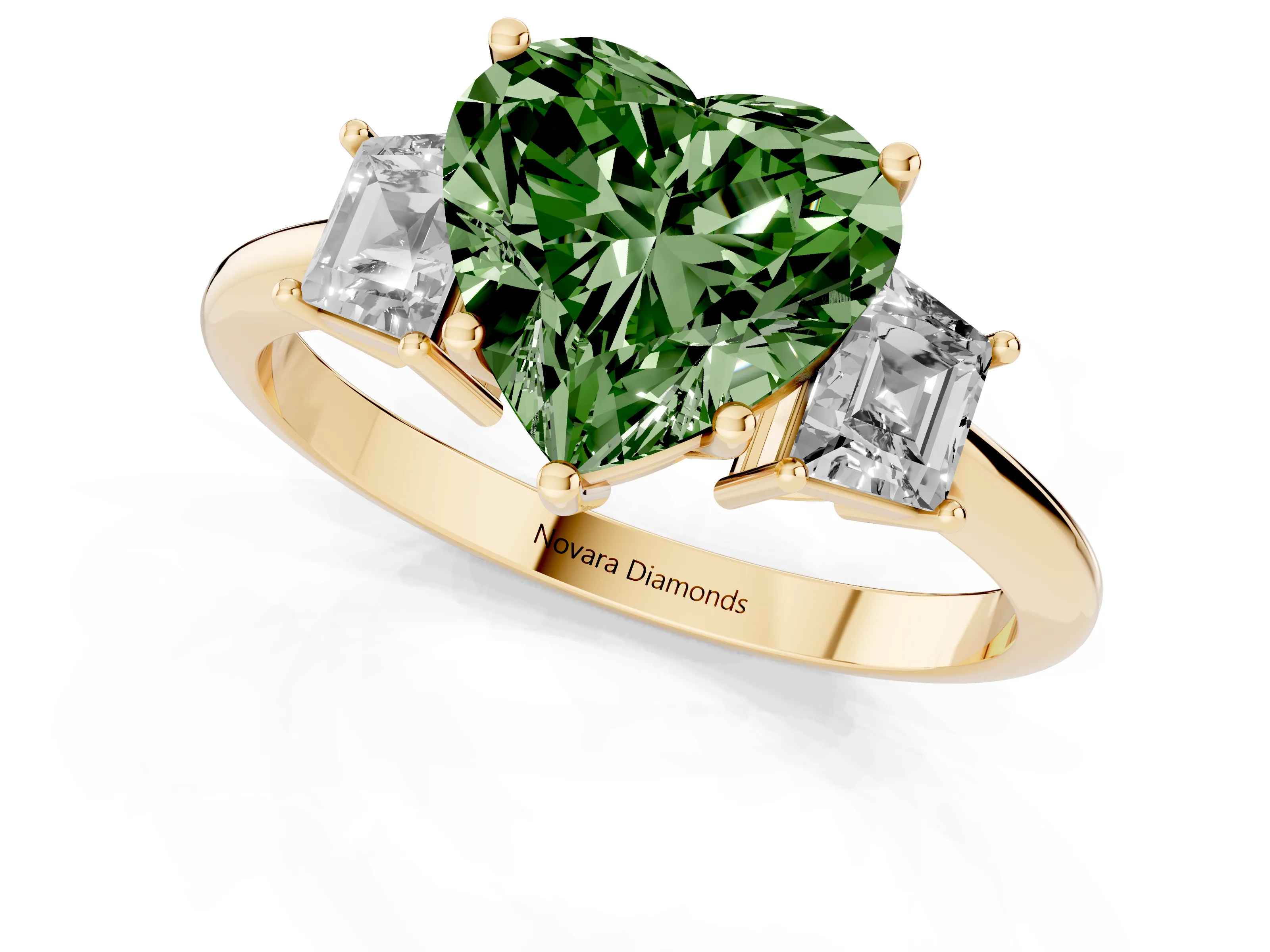 Fancy Green Heart Cut Diamond Three-Stone Ring Set in Yellow gold with Trapezoid Side Stones and Prong Setting