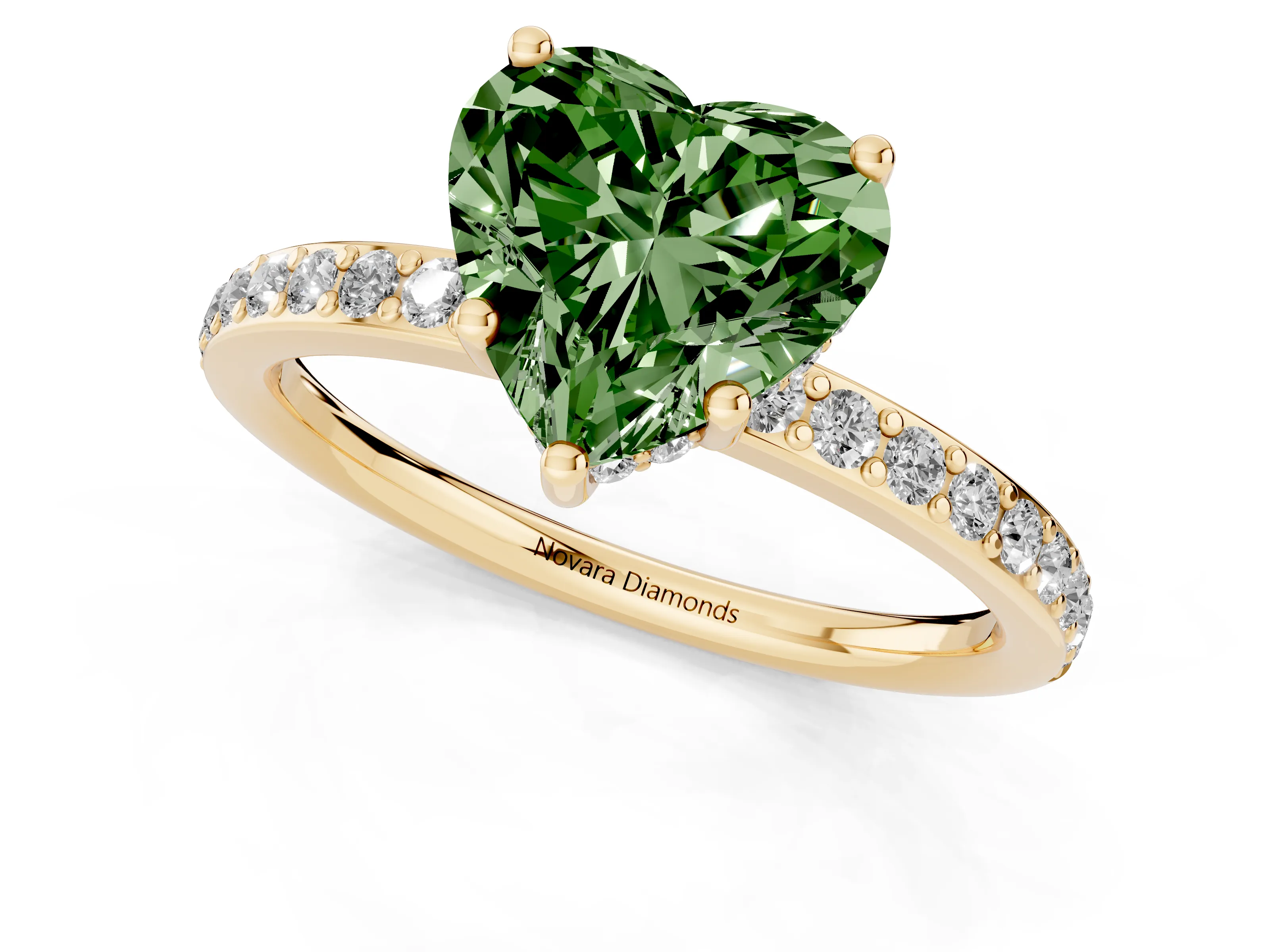 Fancy Green Heart Cut Diamond Pavé Band Ring Set in Yellow gold with Prong-Set Center Stone