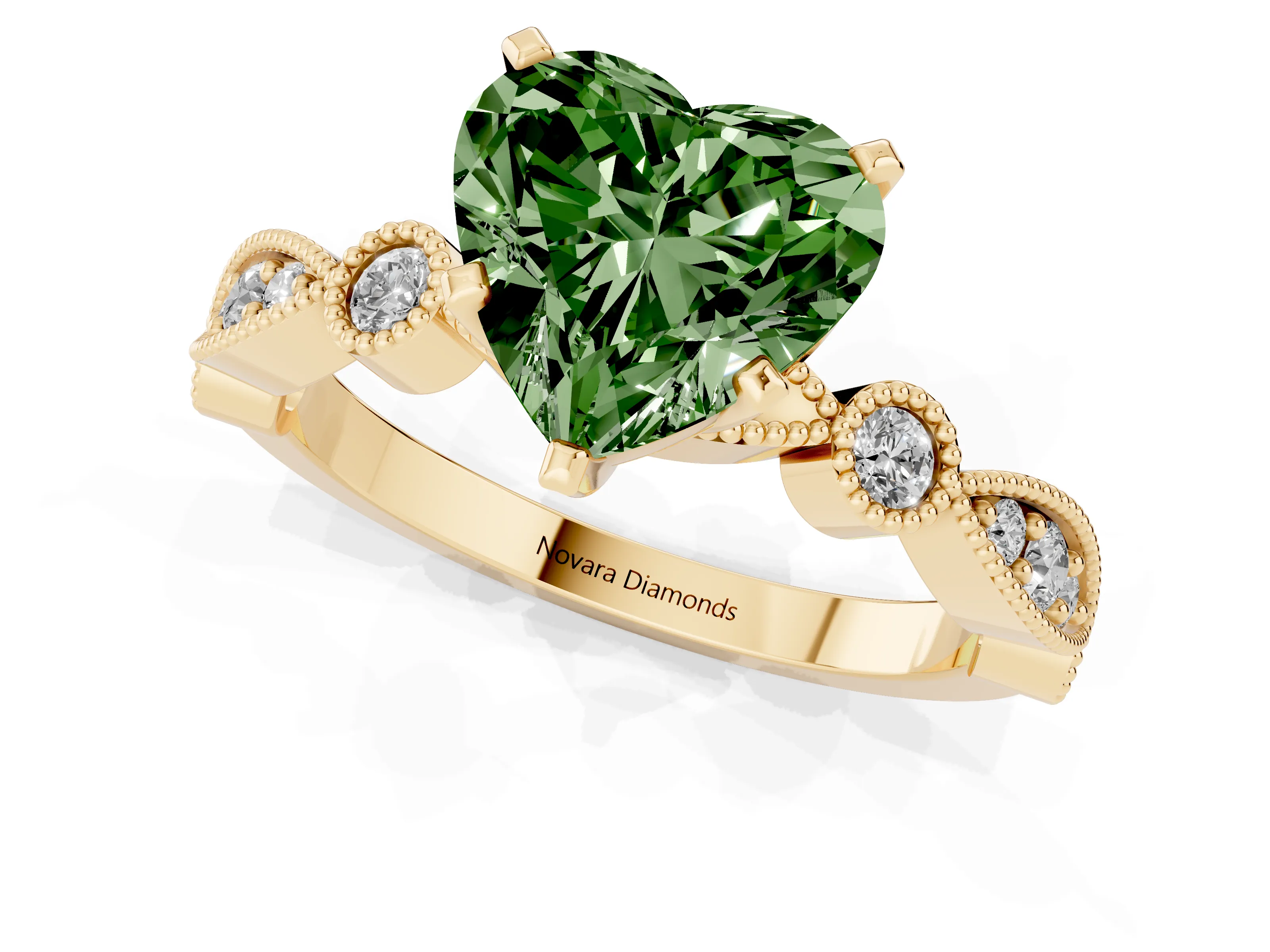 Fancy Green Heart Cut Diamond Solitaire Engagement Ring Set in Yellow gold with Milgrain Bezel Accent Band