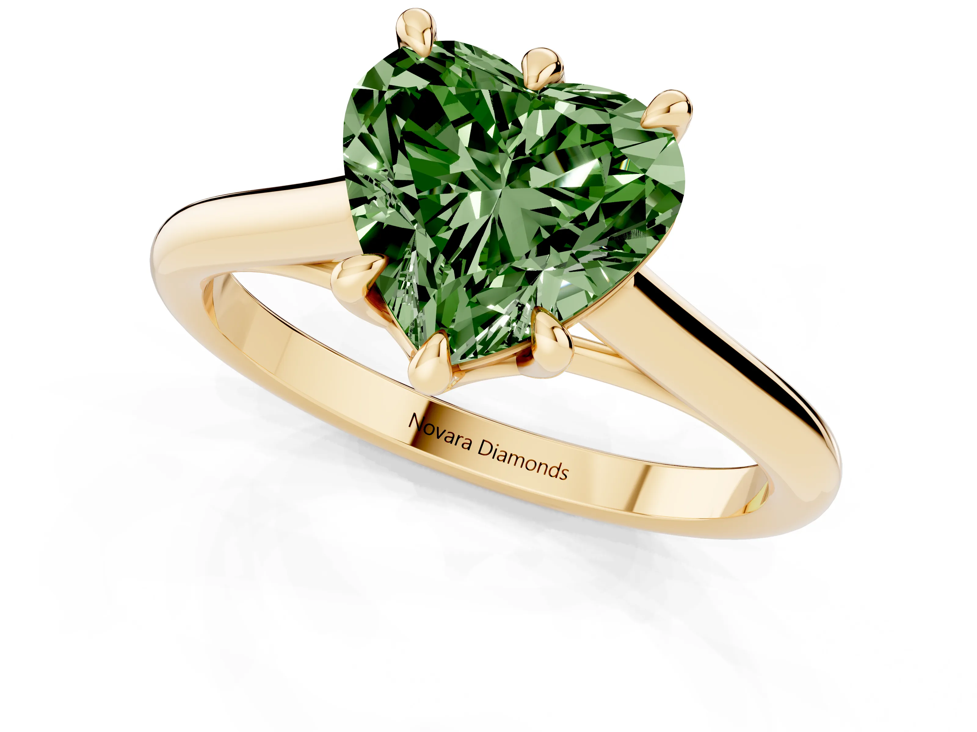 Fancy Green Heart Cut Diamond Solitaire Engagement Ring Set in Yellow gold with Prong Setting and Plain Classic Band