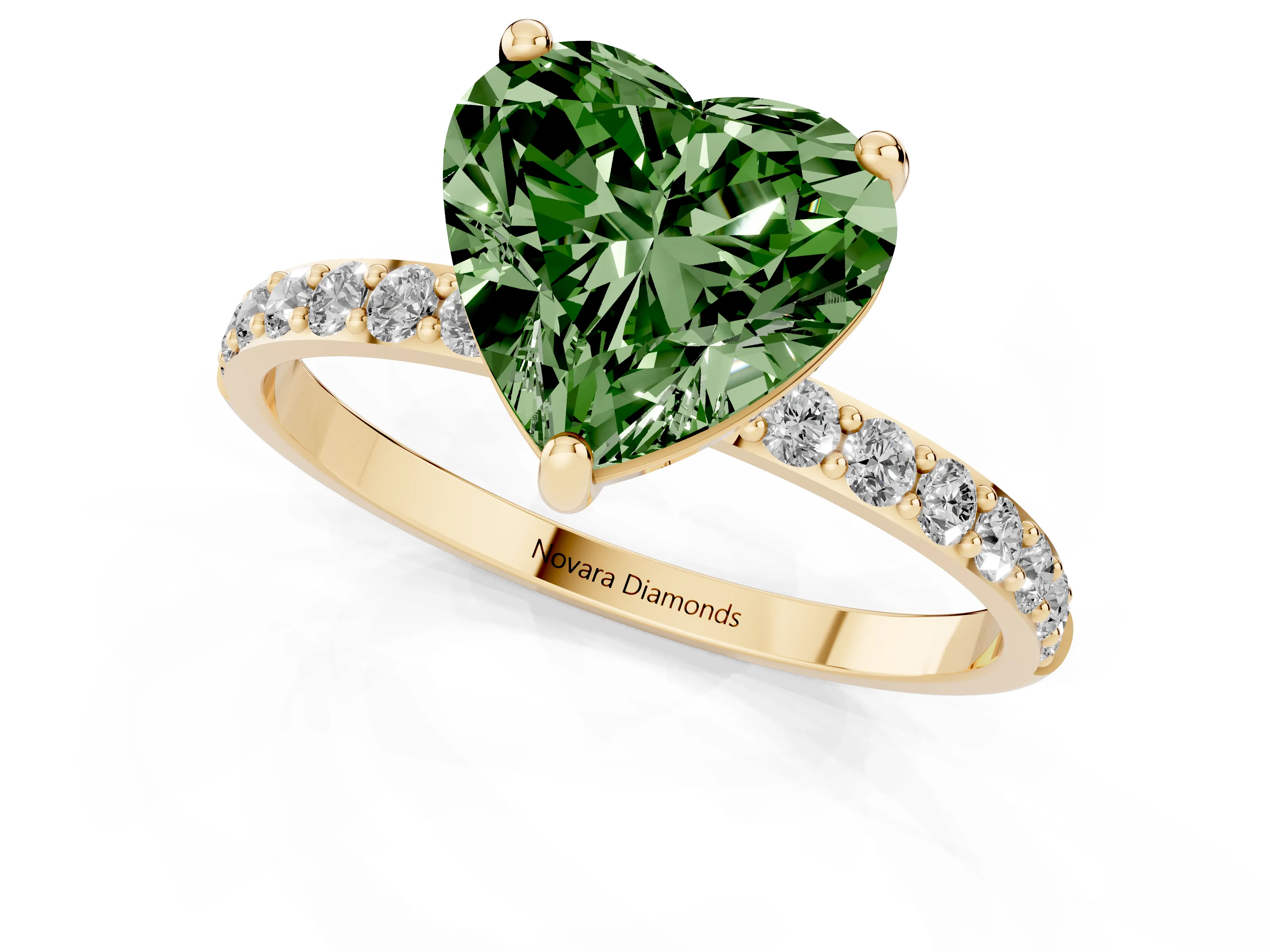 Fancy Green Heart Cut Diamond Solitaire Ring Set in Yellow gold with Round Pavé Band and Prong Setting