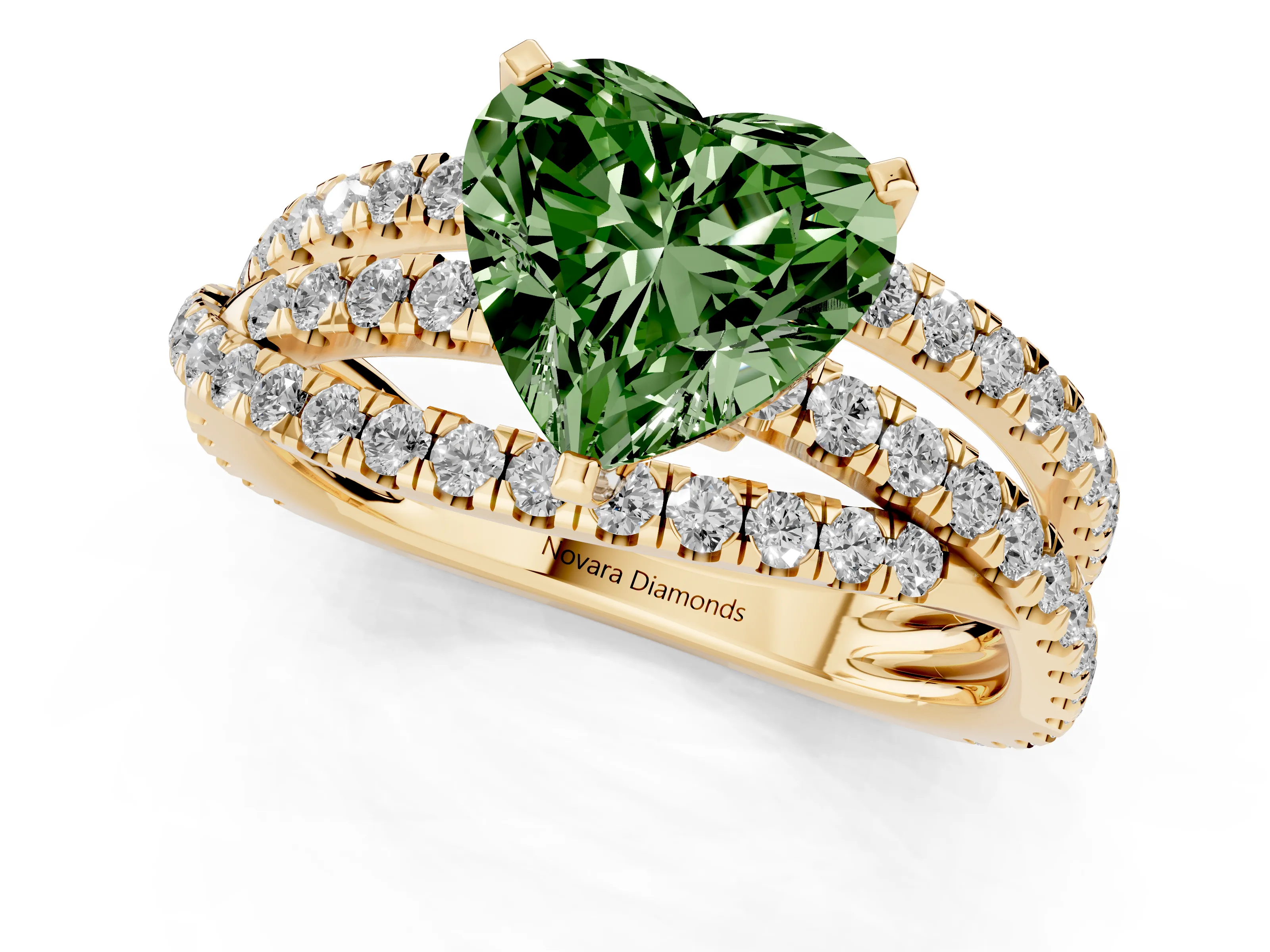 Fancy Green Heart Cut Diamond Solitaire Twist Band Ring Set in Yellow gold with Pavé Setting and Prong Head