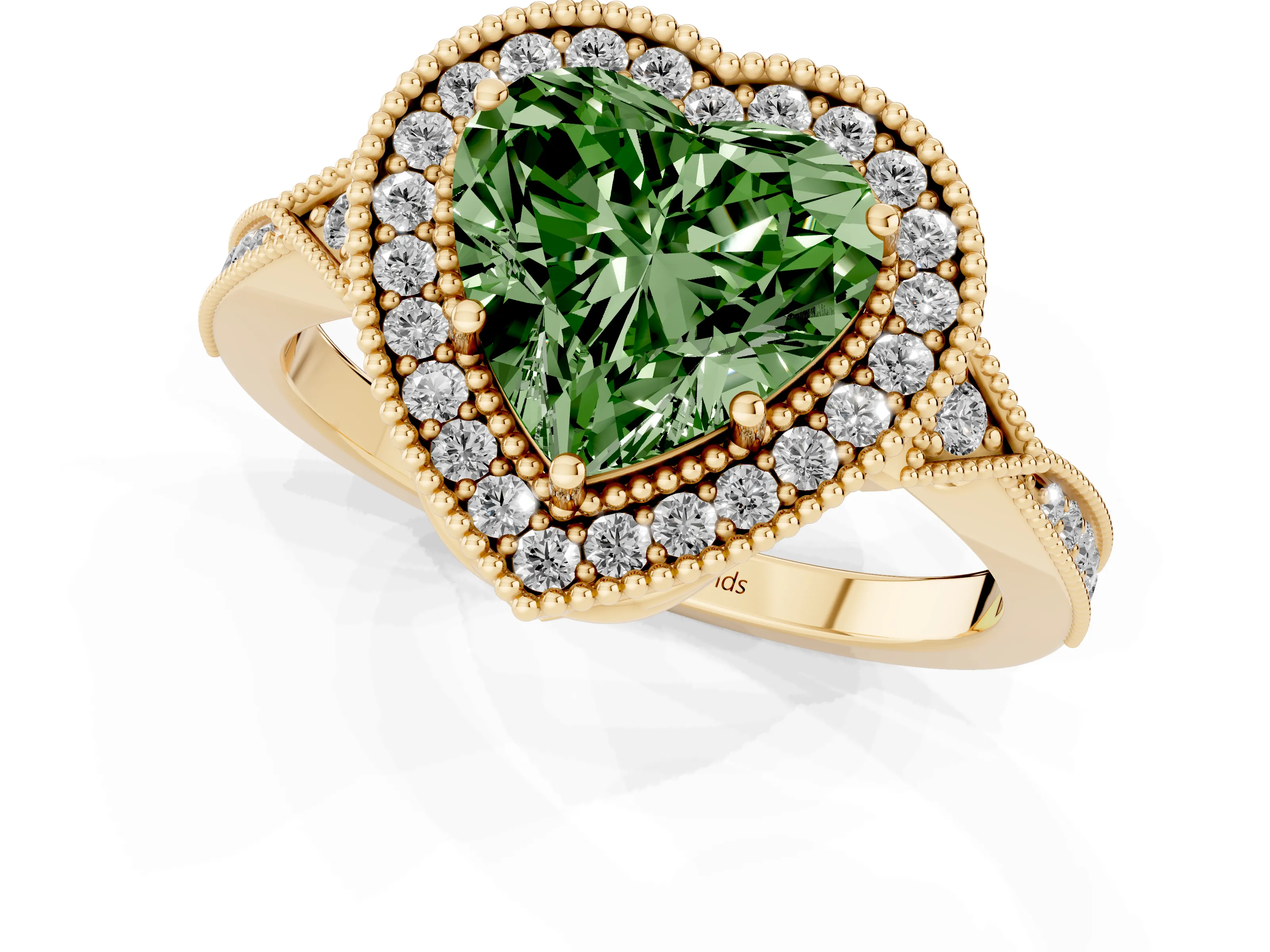 Fancy Green Heart Cut Diamond Halo Engagement Ring Set in Yellow gold with Milgrain Pavé Band