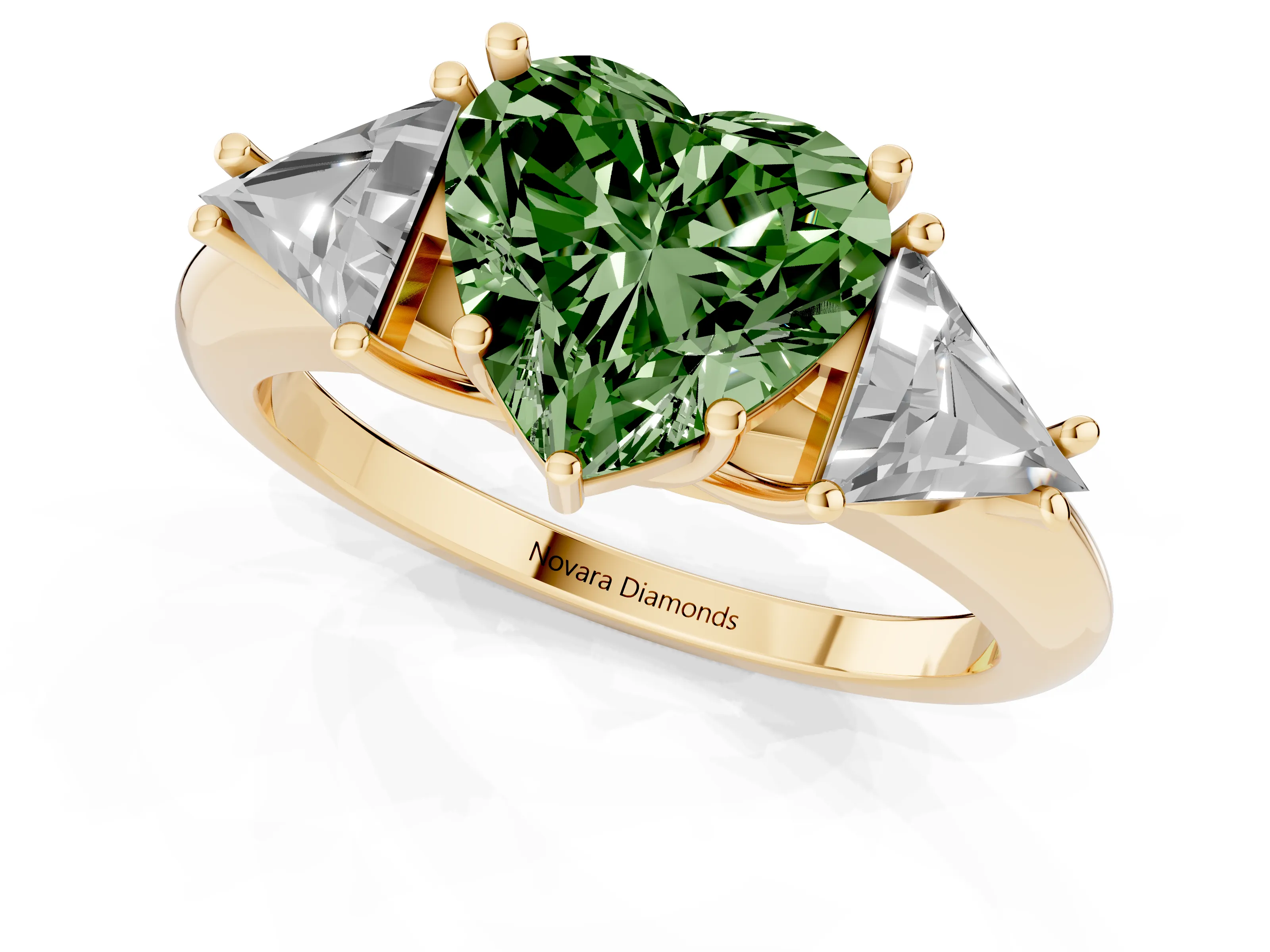 Fancy Green Heart Cut Diamond Three-Stone Engagement Ring Set in Yellow gold with Trillion Side Stones