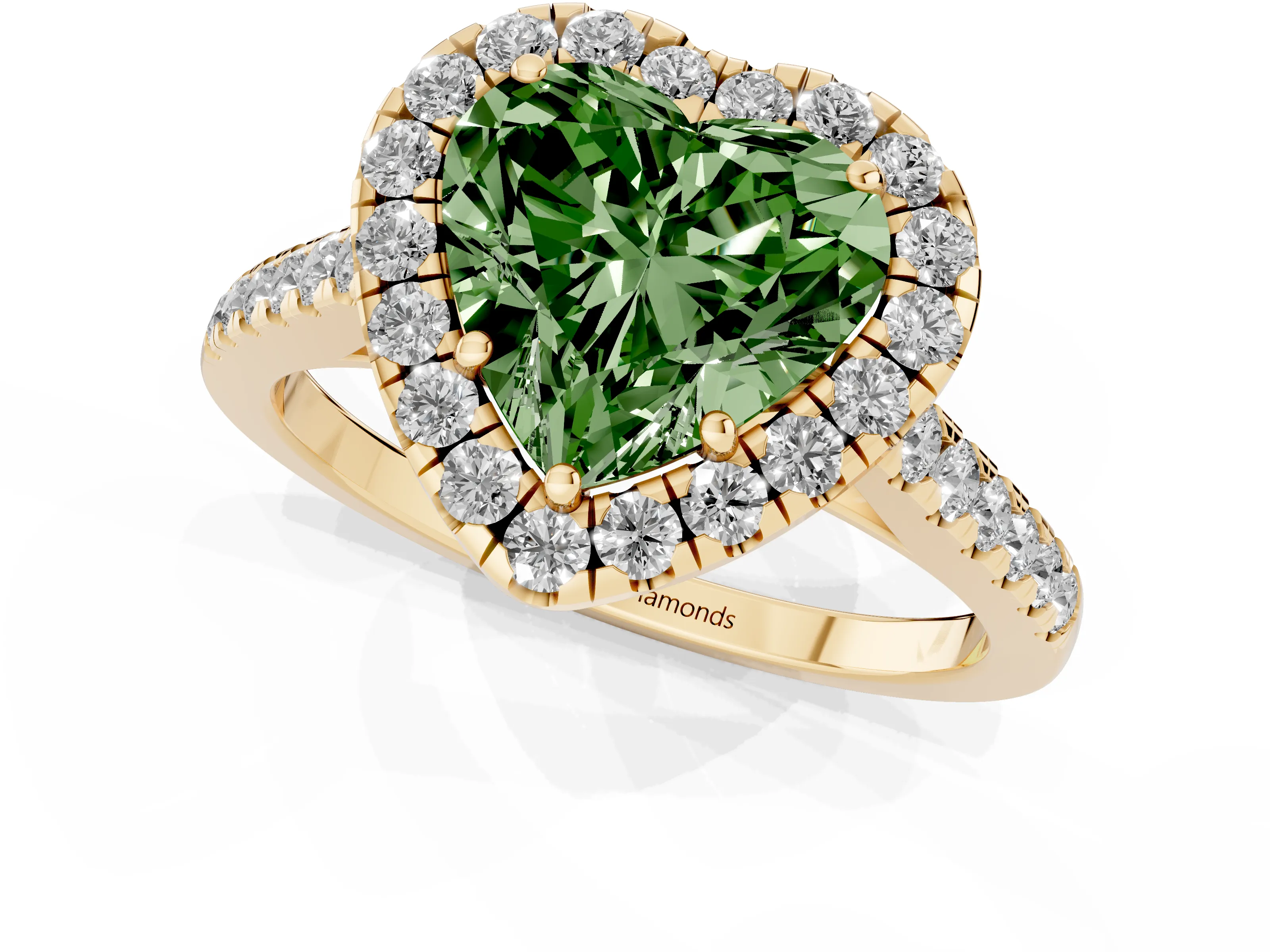 Fancy Green Heart Cut Diamond Halo Pavé Engagement Ring Set in Yellow gold with Prong Setting