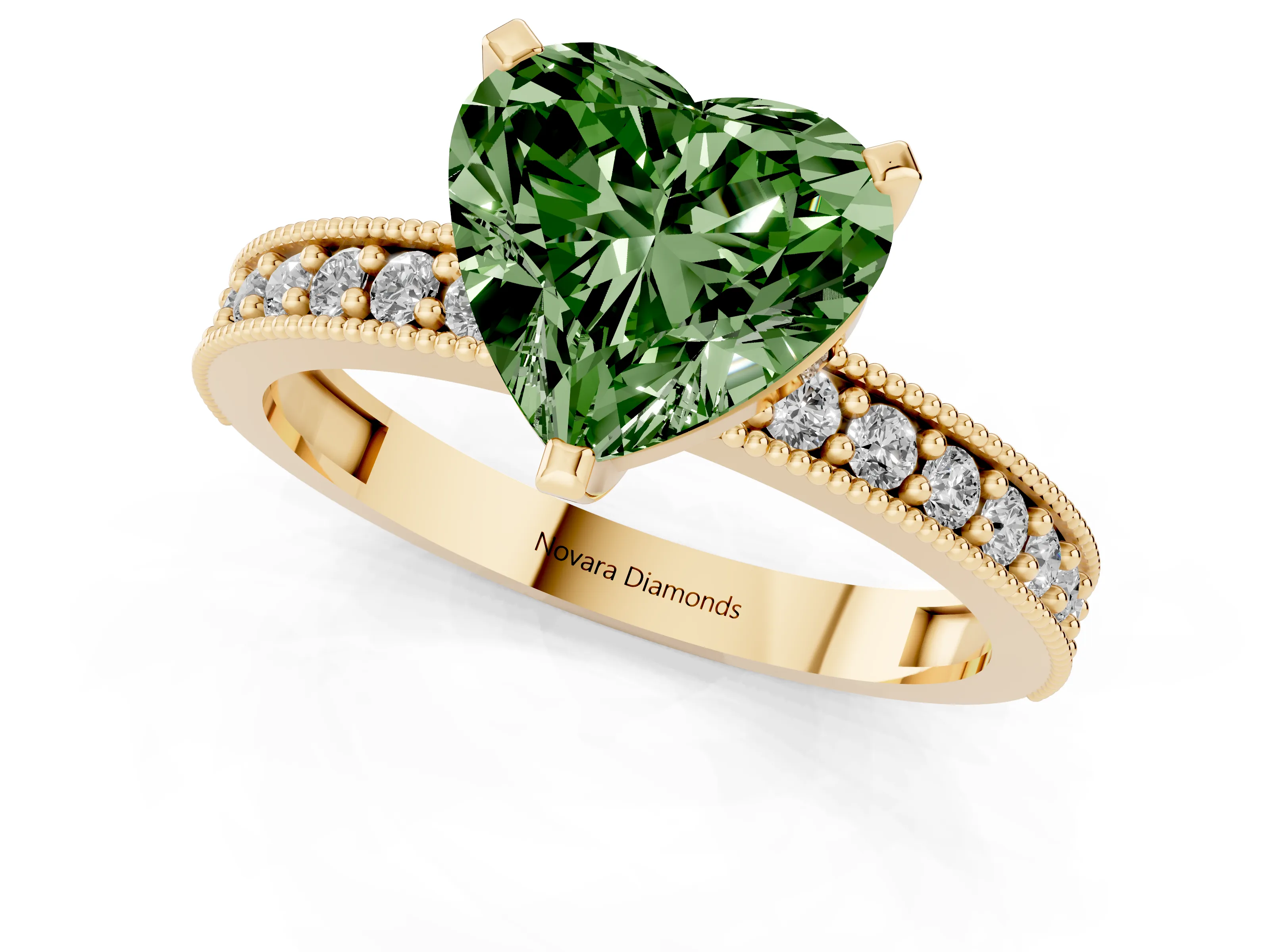 Fancy Green Heart Cut Diamond Milgrain Pavé Engagement Ring Set in Yellow gold with Prong Setting