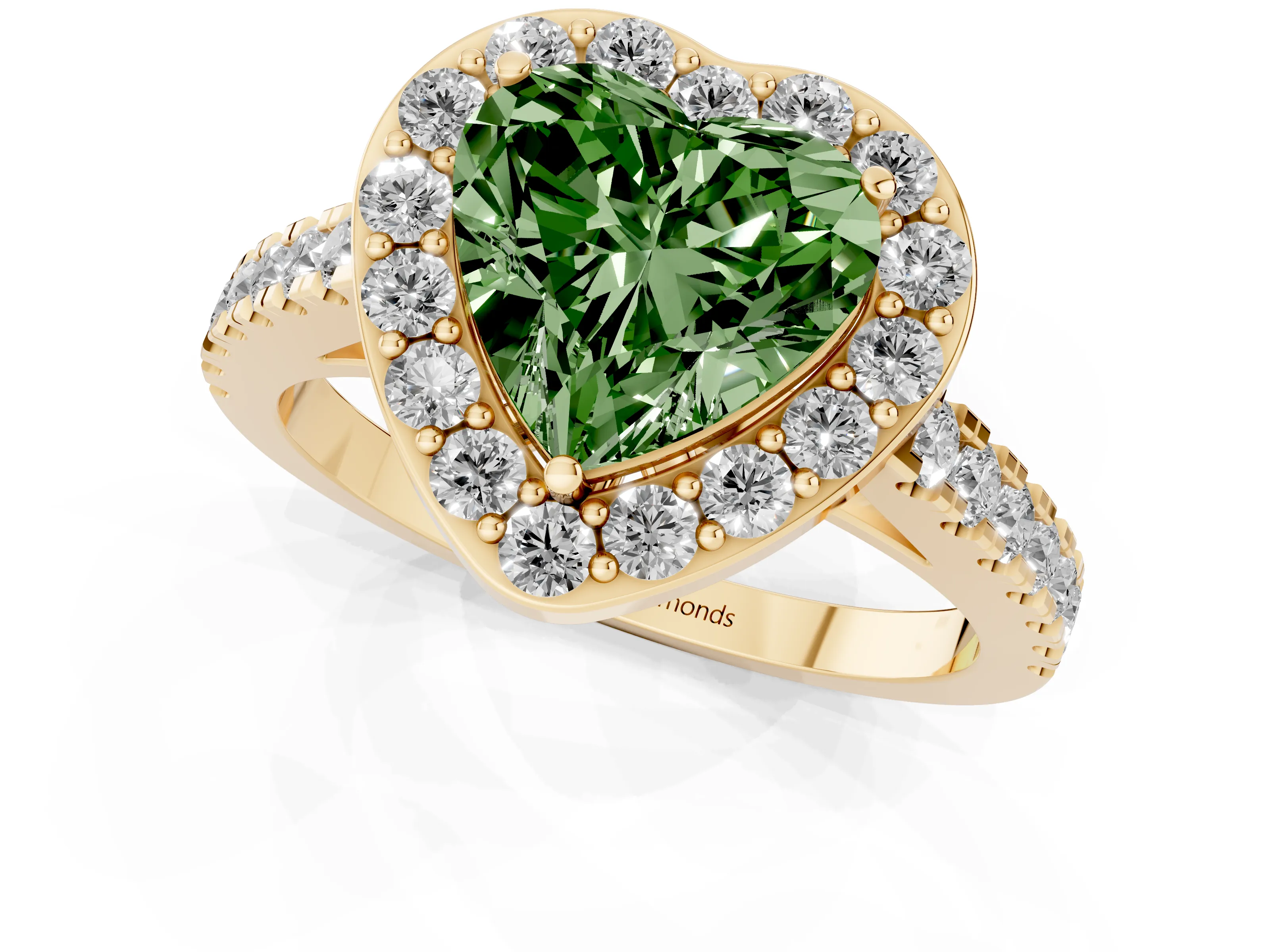 Fancy Green Heart Cut Diamond Halo Ring Set in Yellow gold with Round Pavé Split Shank and Prong Setting
