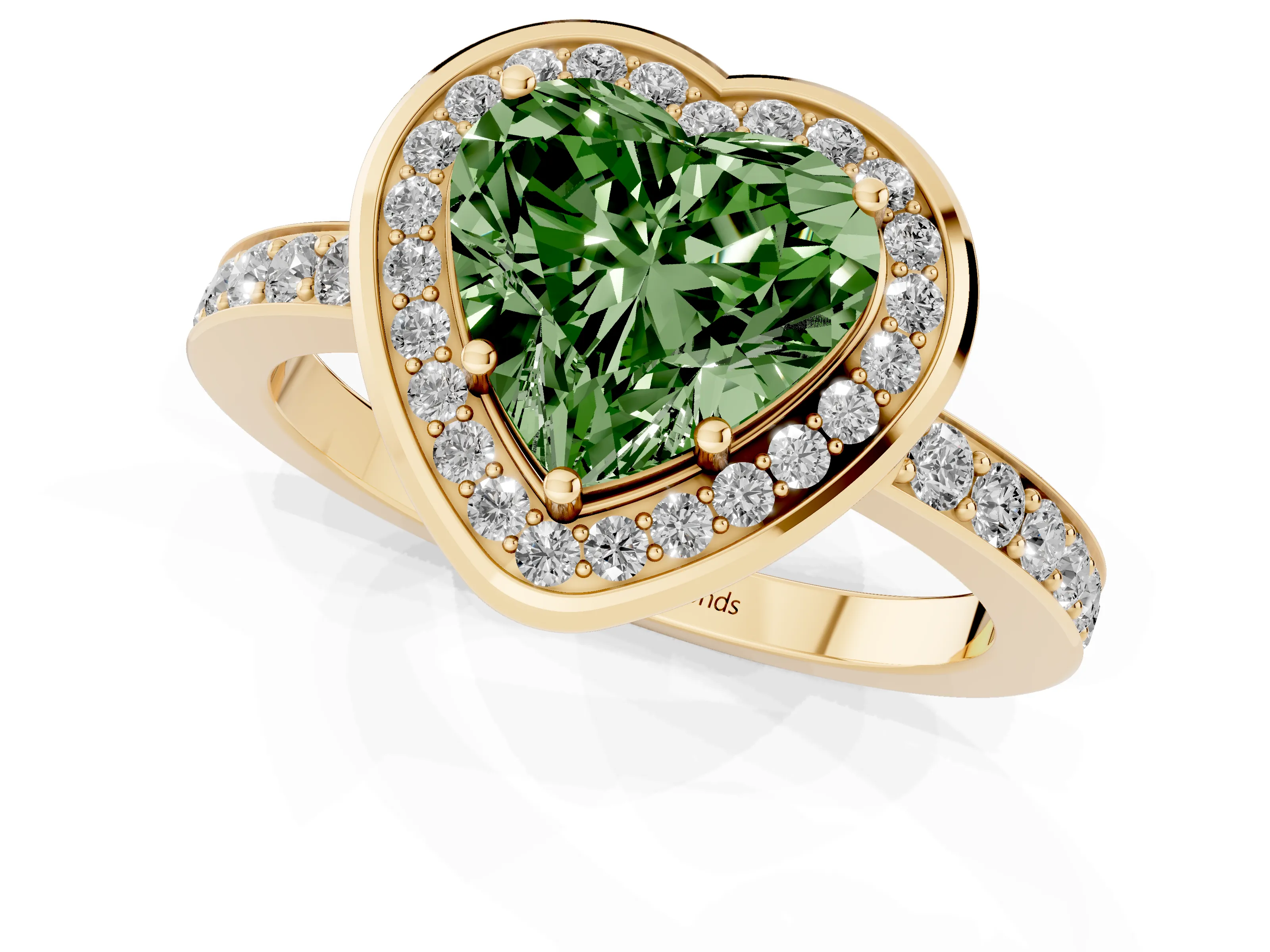 Fancy Green Heart Cut Diamond Halo Ring Set in Yellow gold with Bezel Frame and Pavé Band