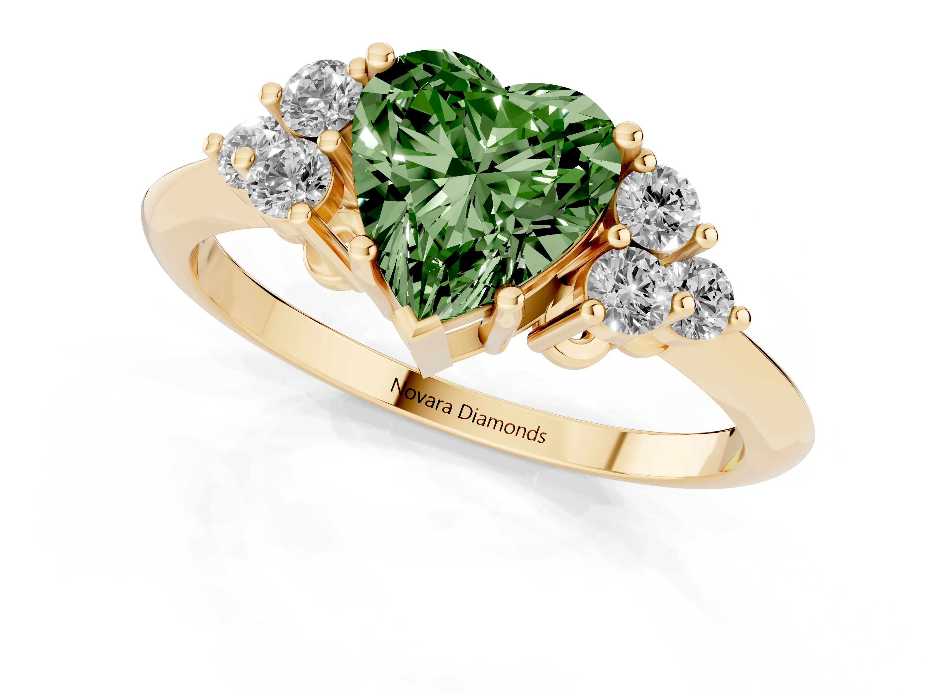 Fancy Green Heart Cut Diamond Cluster Ring Set in Yellow gold with Plain Band and Prong Setting