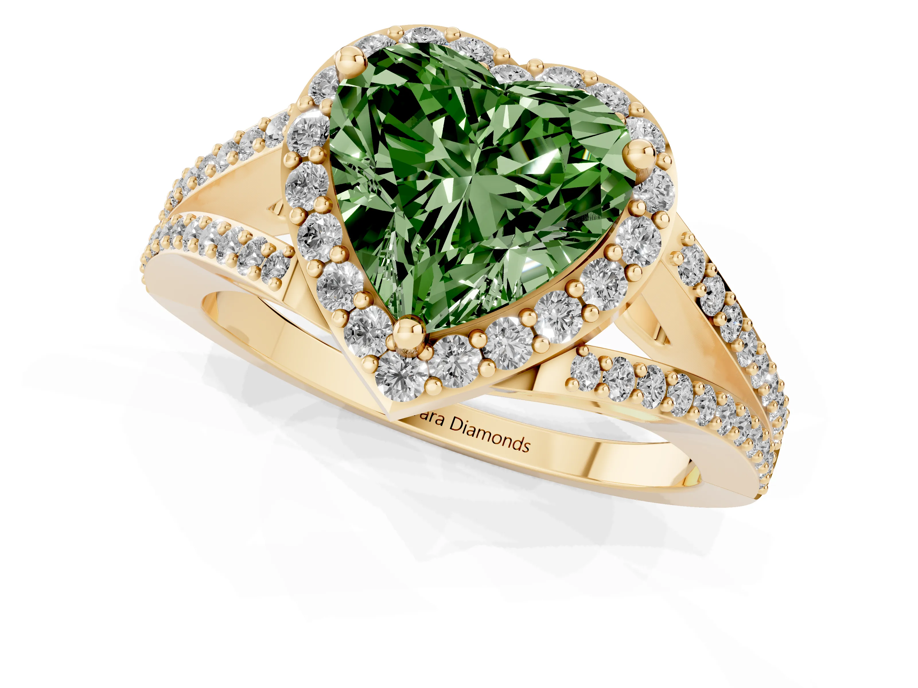 Fancy Green Heart Cut Diamond Halo Split Shank Pavé Ring Set in Yellow gold with Prong Setting