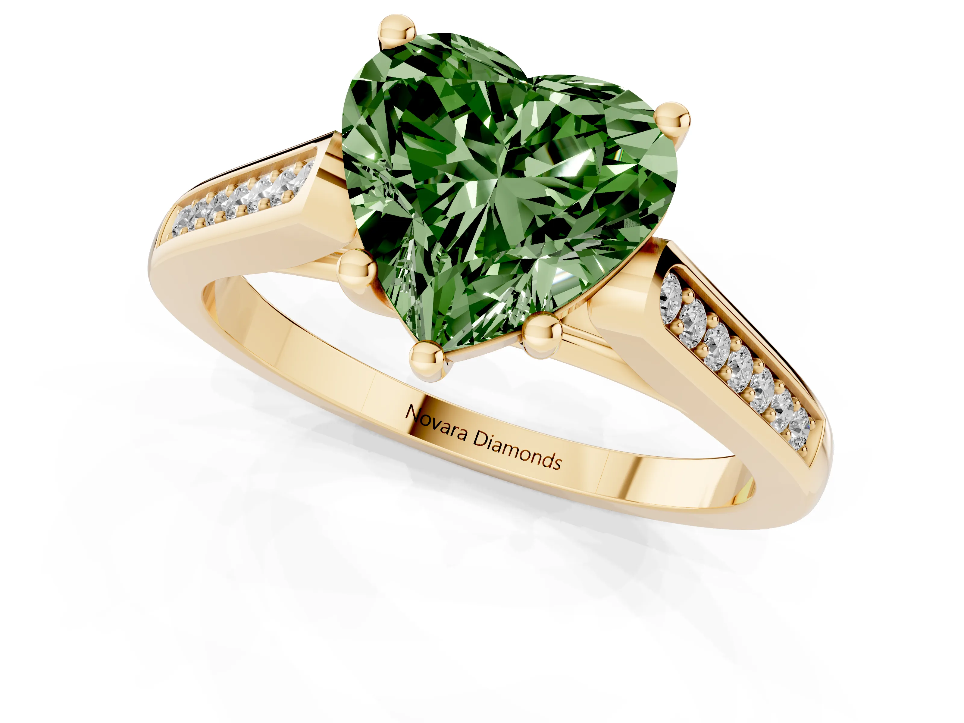 Fancy Green Heart Cut Diamond Solitaire Cathedral Engagement Ring Set in Yellow gold with Channel-Set Band and Prong Setting