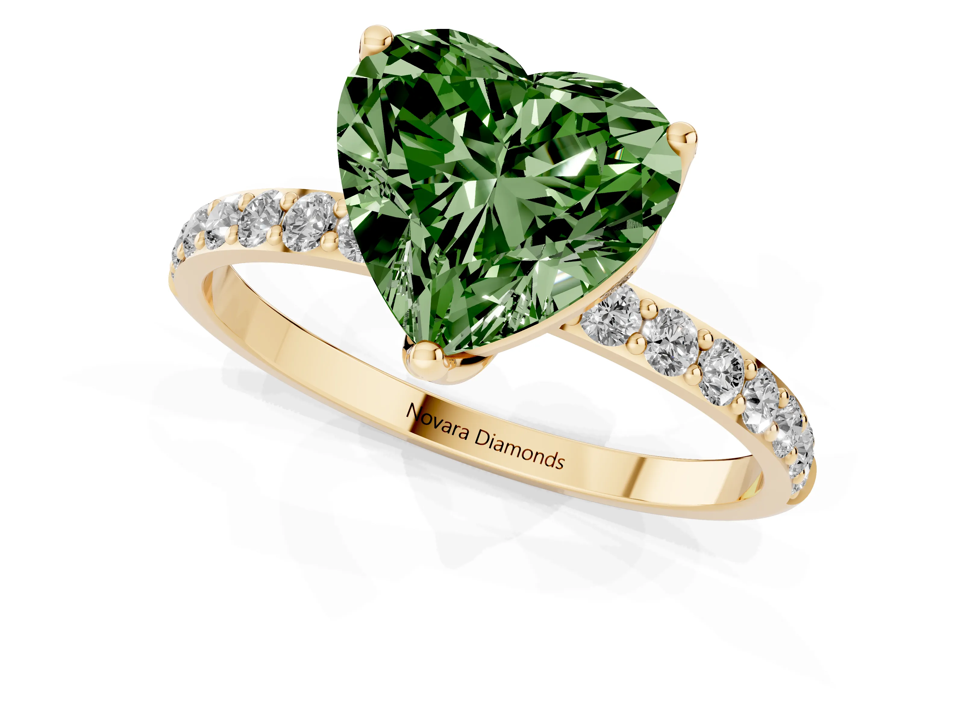 Fancy Green Heart Cut Diamond Solitaire Engagement Ring Set in Yellow gold with Round Pavé Band and Prong Setting