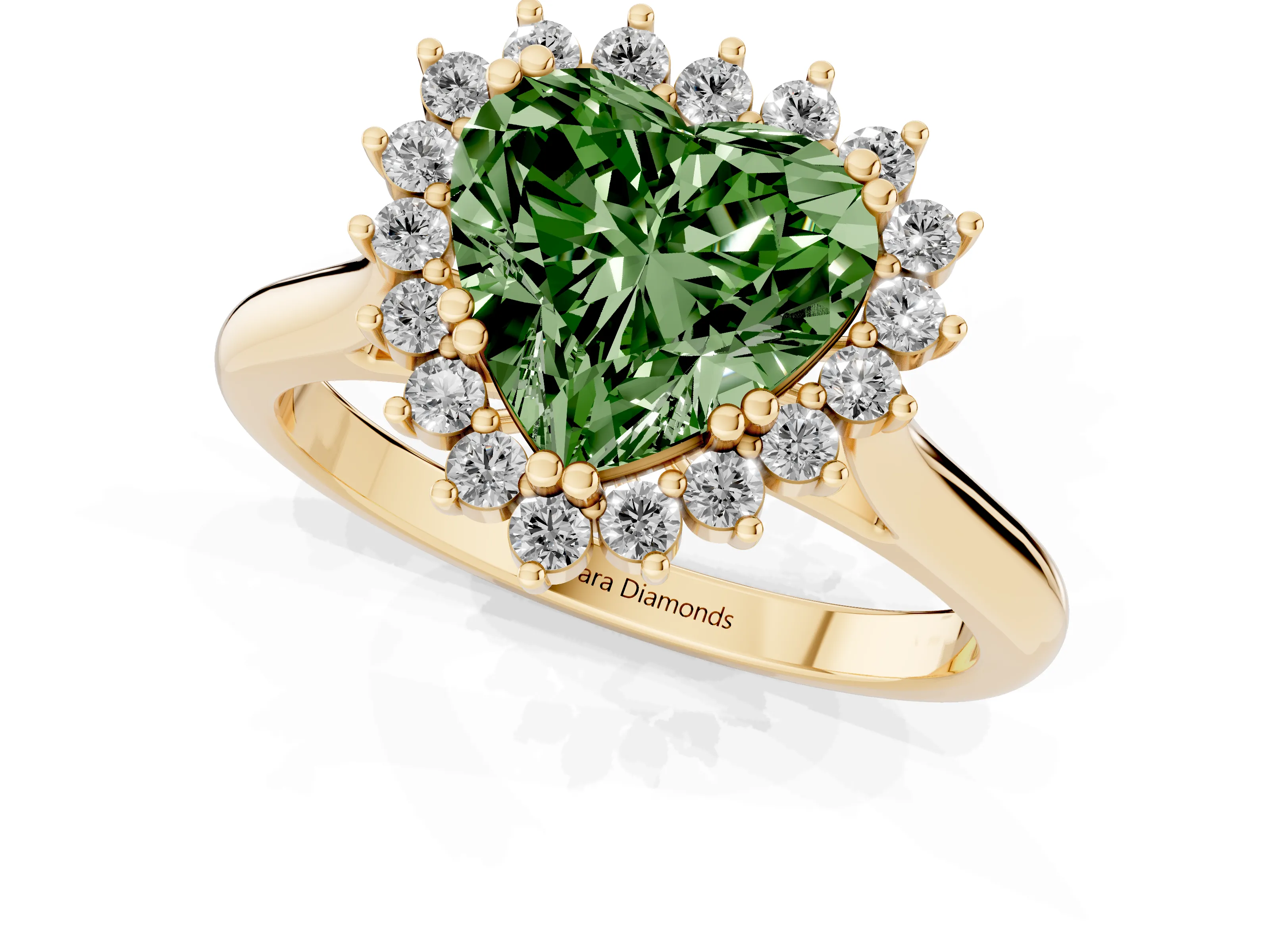 Fancy Green Heart Cut Diamond Halo Ring Set in Yellow gold with Plain Solitaire Band and Prong Setting