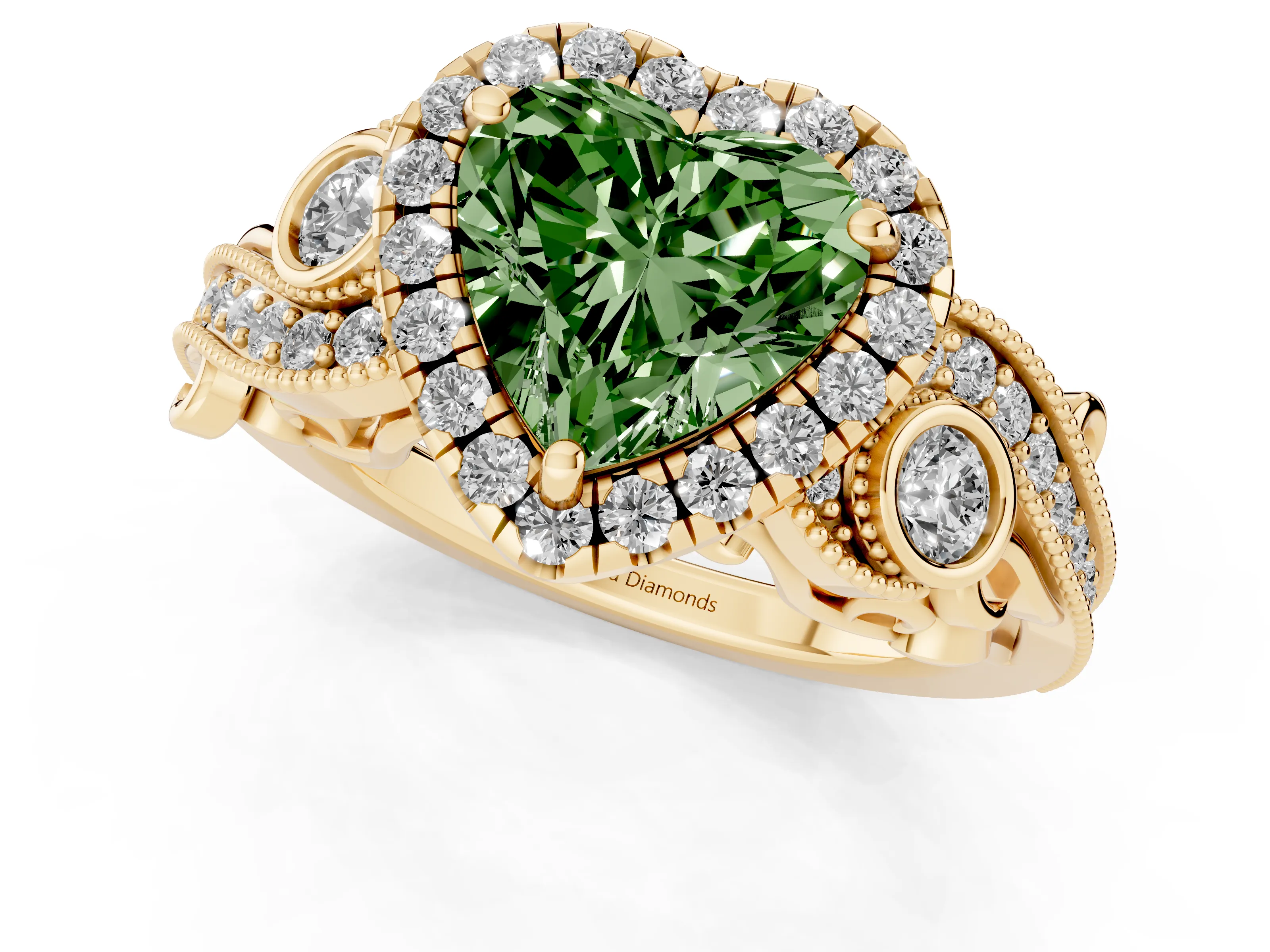 Fancy Green Heart Cut Diamond Halo Ring Set in Yellow gold with Milgrain Pavé Band and Prong Setting