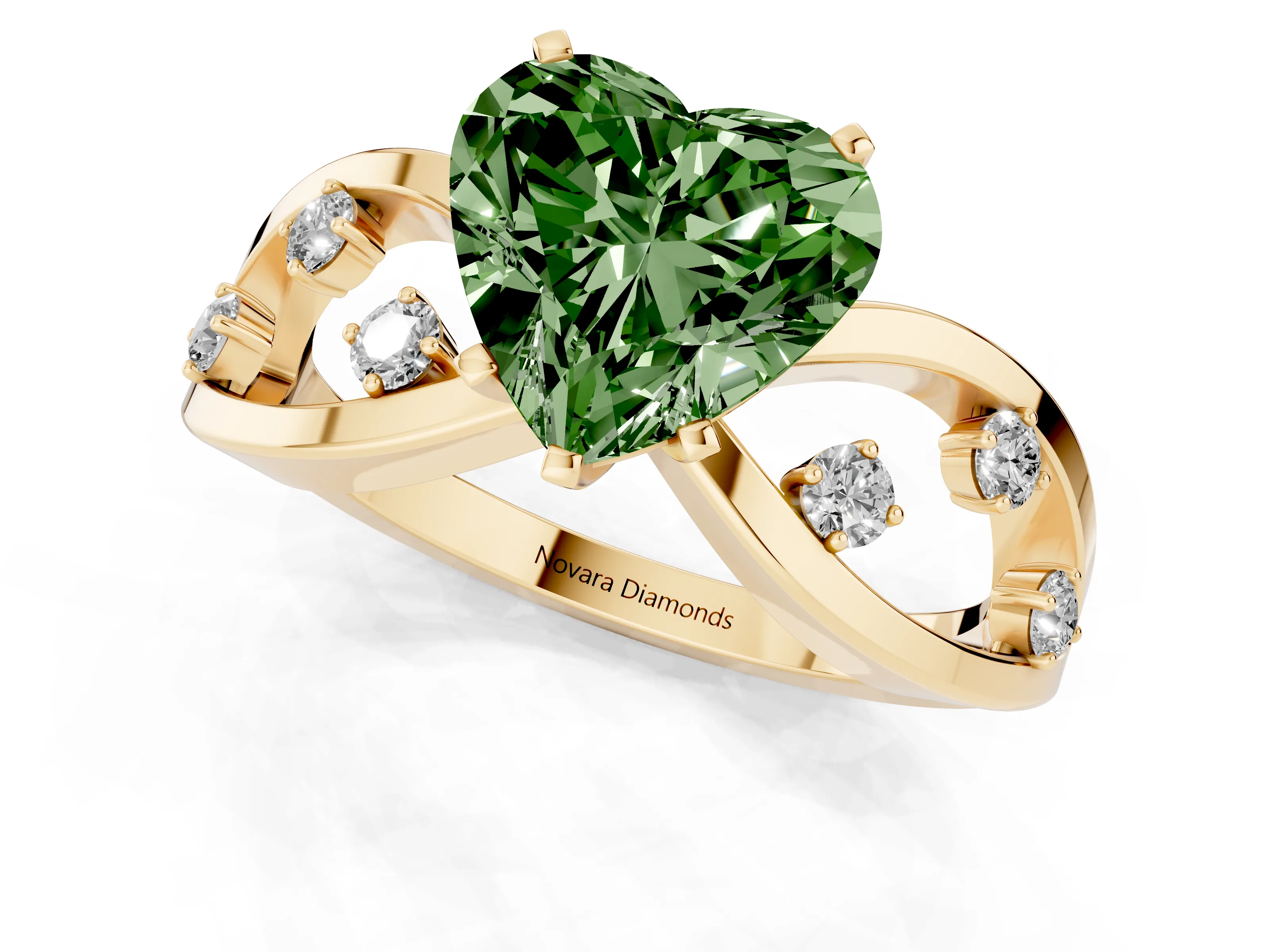 Fancy Green Heart Cut Diamond Solitaire Ring Set in Yellow gold with Side Stones on Criss-Cross Band and Prong Setting