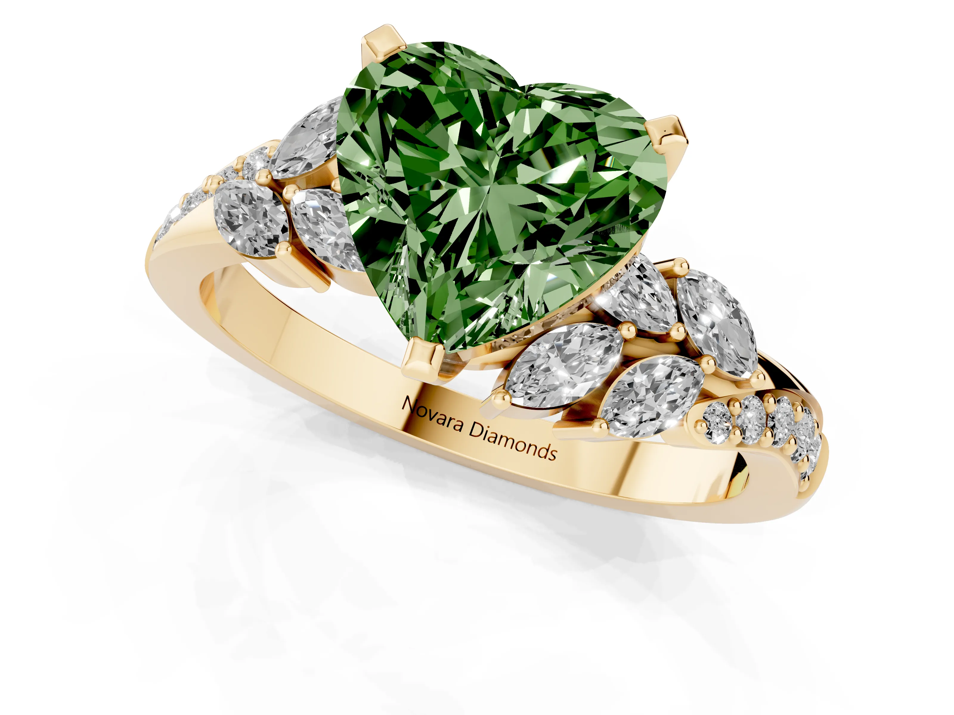 Fancy Green Heart Cut Diamond Solitaire Ring Set in Yellow gold with Marquise Twist Band and Prong Setting