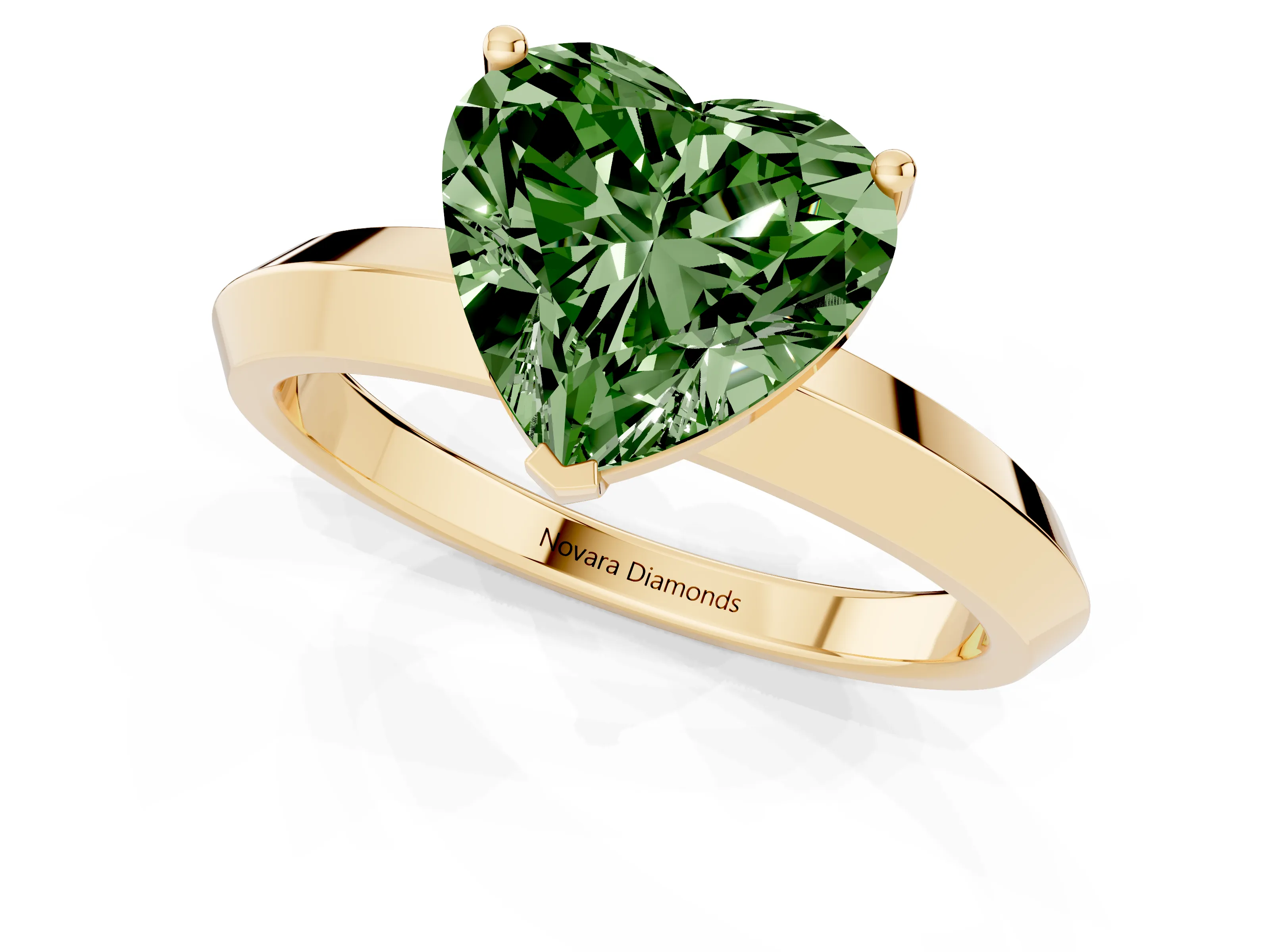 Fancy Green Heart Cut Diamond Solitaire Engagement Ring Set in Yellow gold with Flat Band and Prong Setting