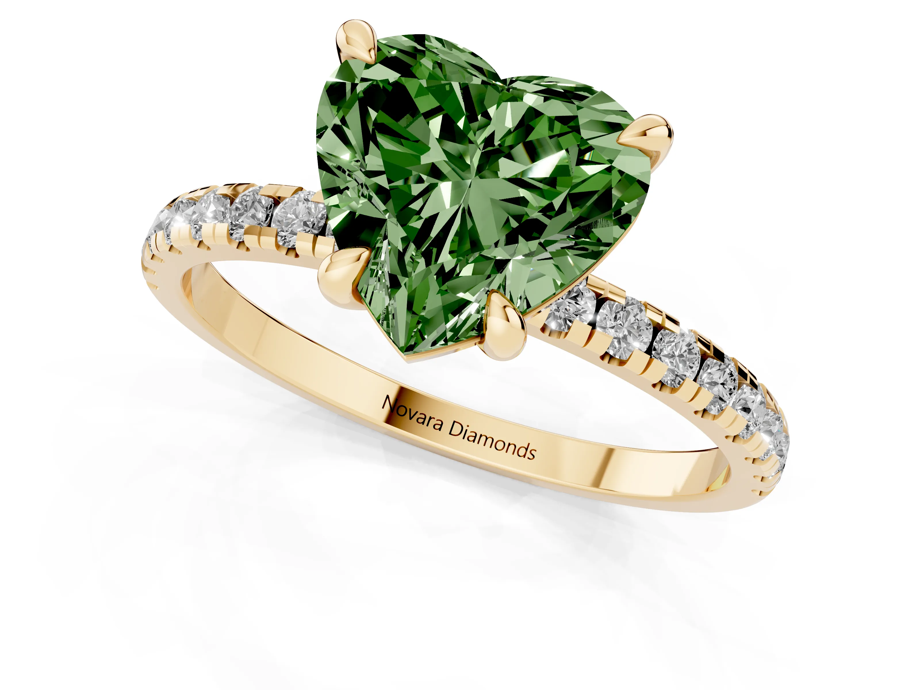 Fancy Green Heart Cut Diamond Brilliant Solitaire Ring Set in Yellow gold with Pavé Band and Prong Setting
